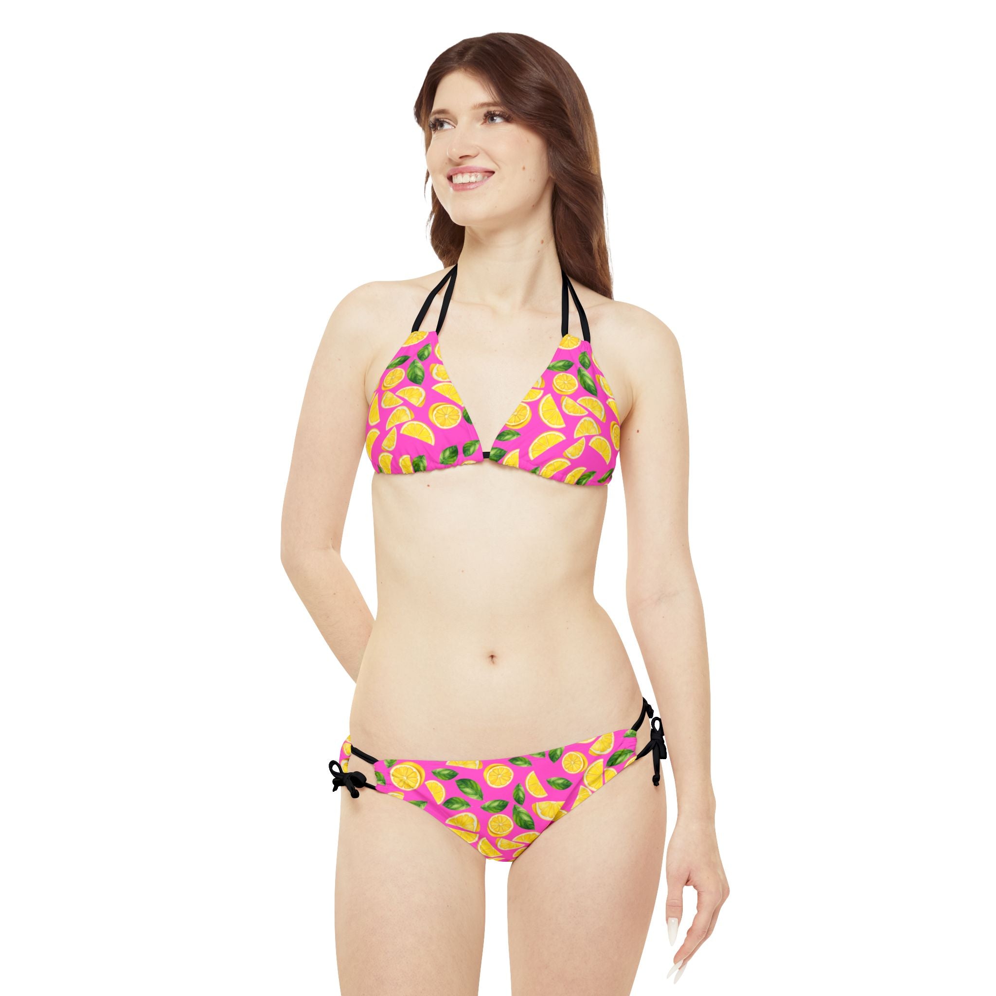 Strappy bikini set lemon and leaves pink