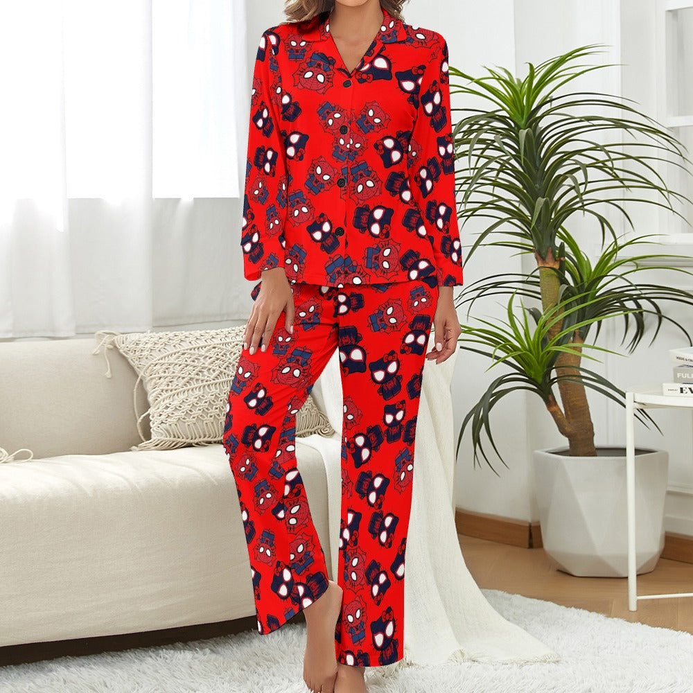 Women's Pajama Set kitty spider dark red