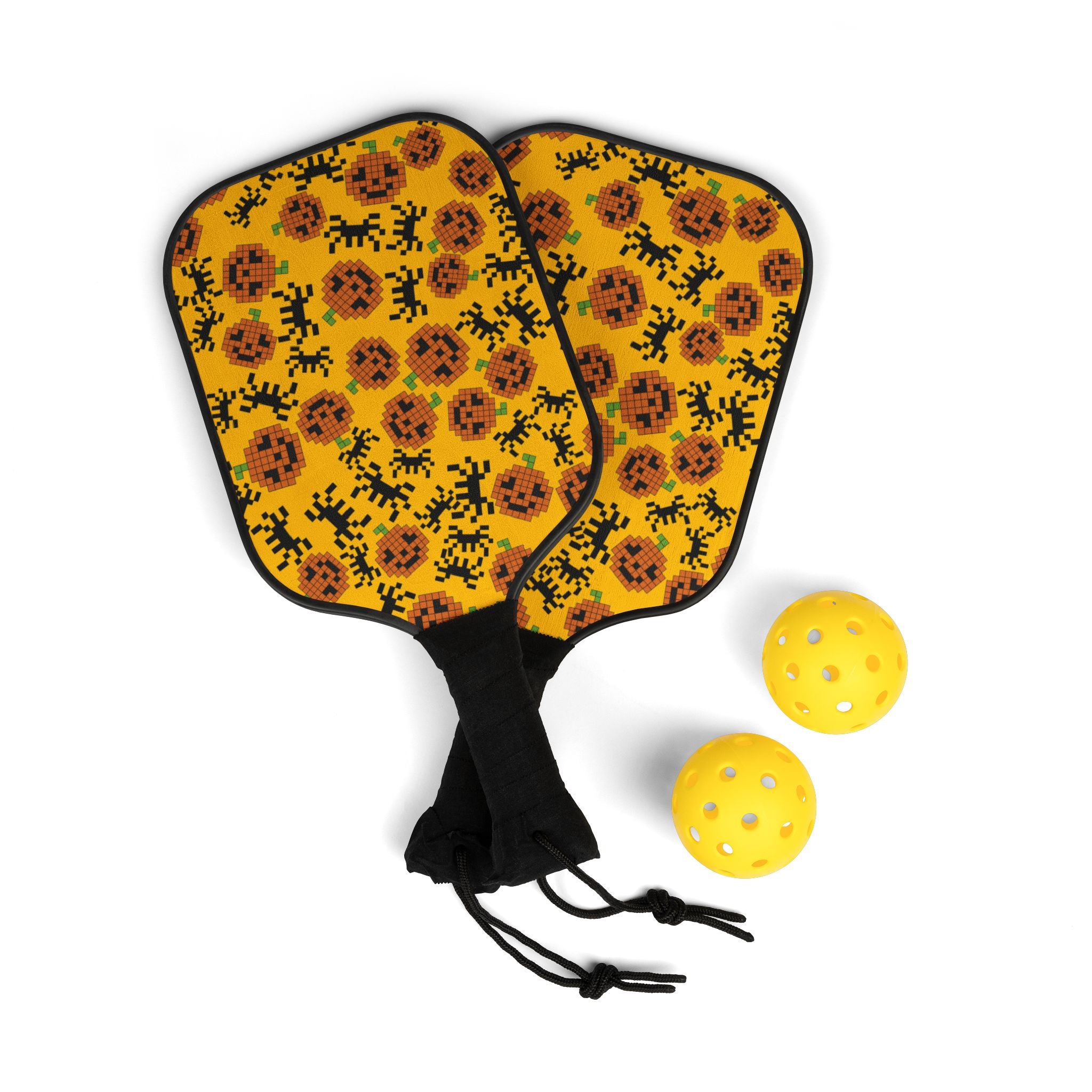 Pickleball kit (2 paddles + 2 balls + transparent bag) pumpkin spider pixel halloween yellow