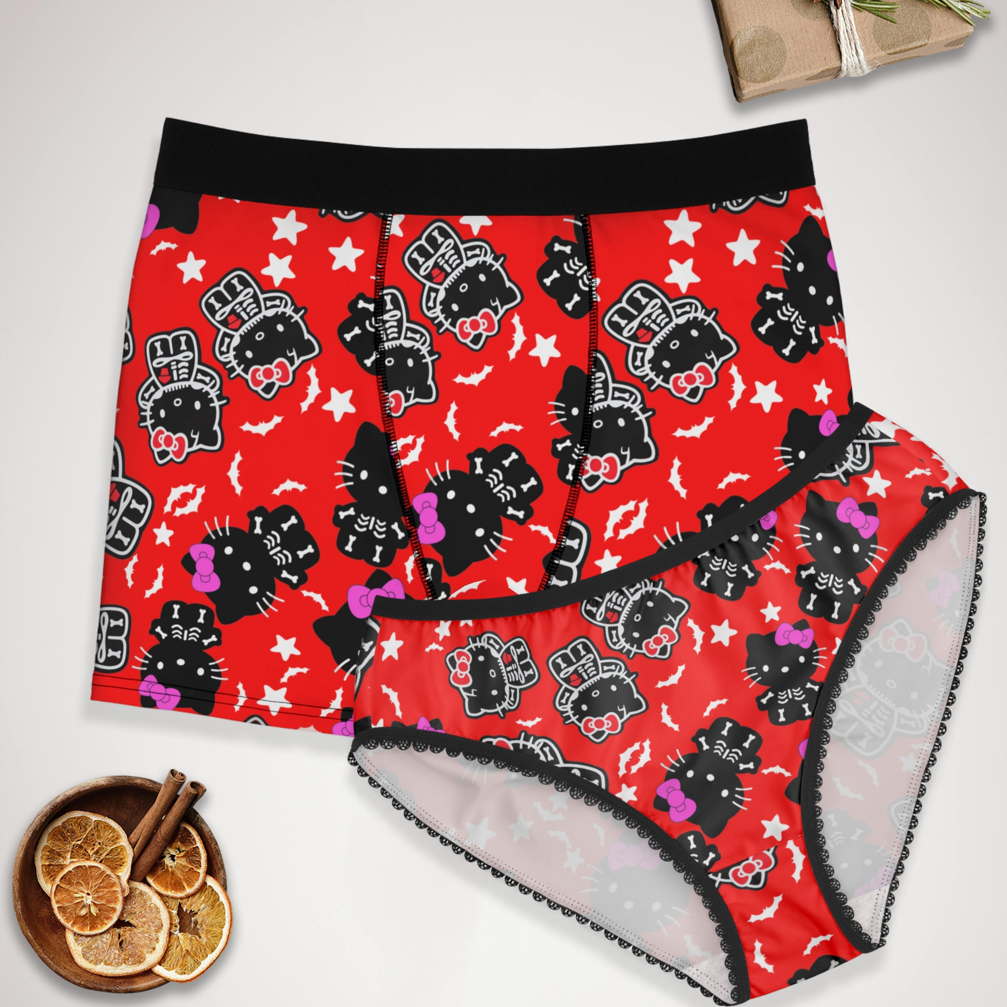 Couples matching kitty halloween bones underwear set boxer & briefs