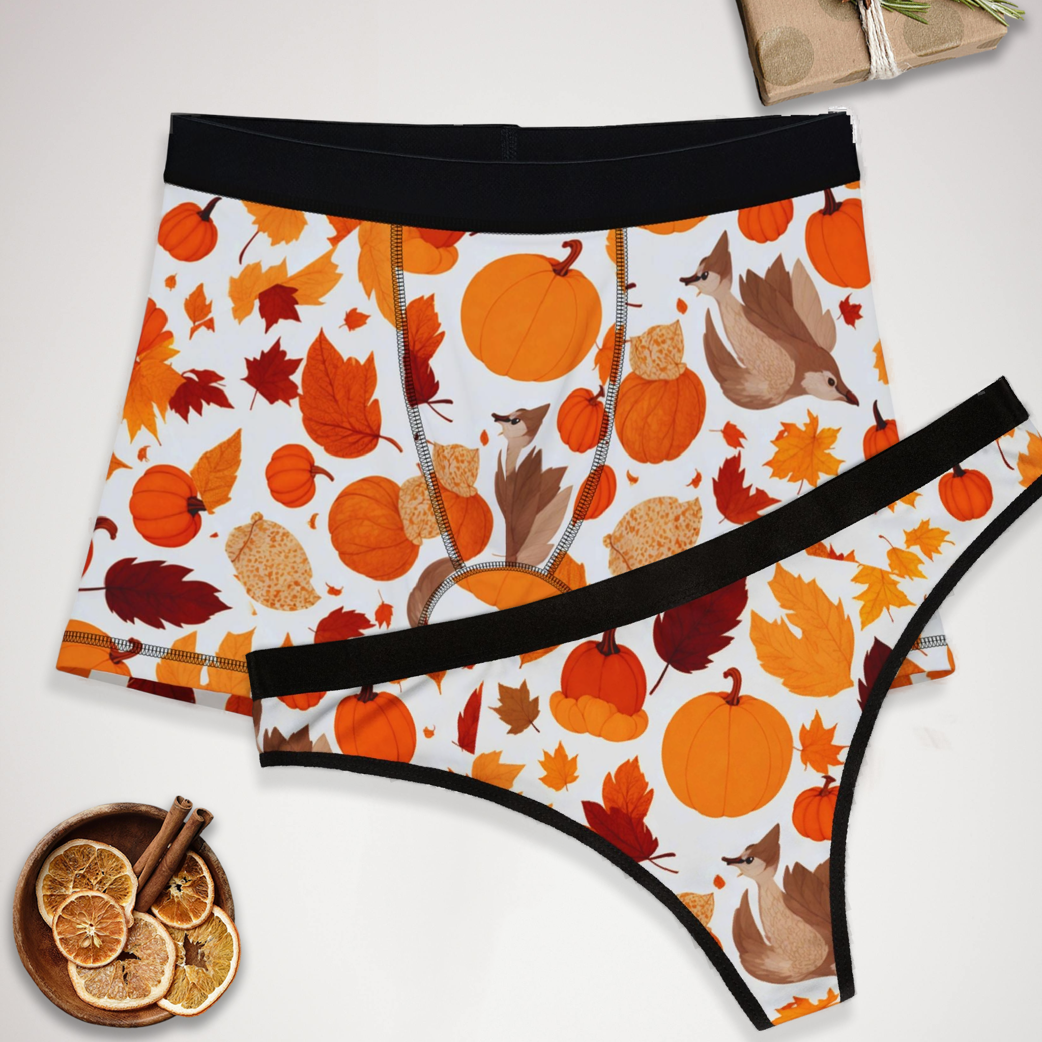 Matching underwear Autumn Leaves for couples boxer & thong set