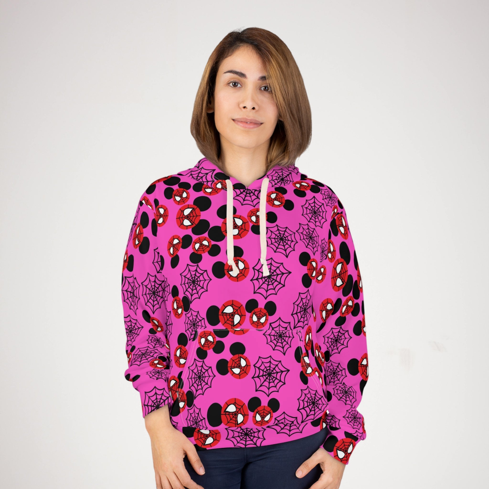 Unisex pullover hoodie spider mickey web pink