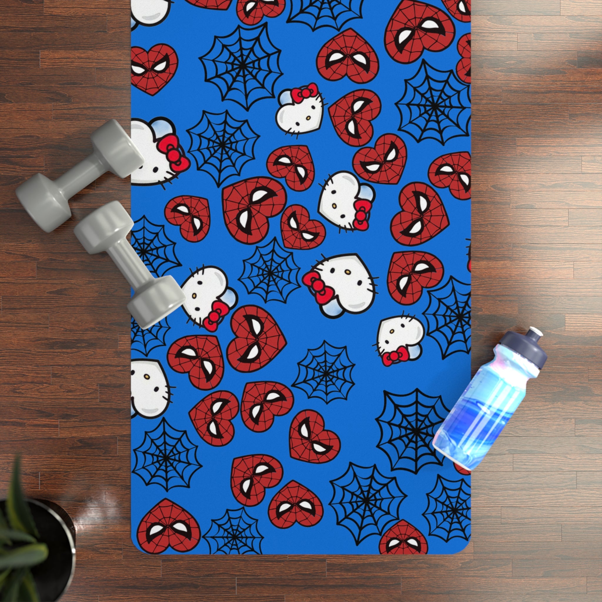 Rubber yoga mat kitty spider web heart cyan