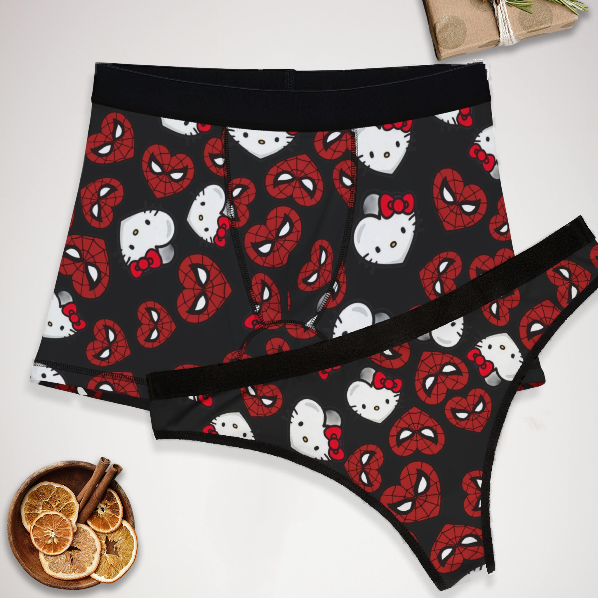 Couples matching  spider kitty double hearts character underwear set boxer and thong