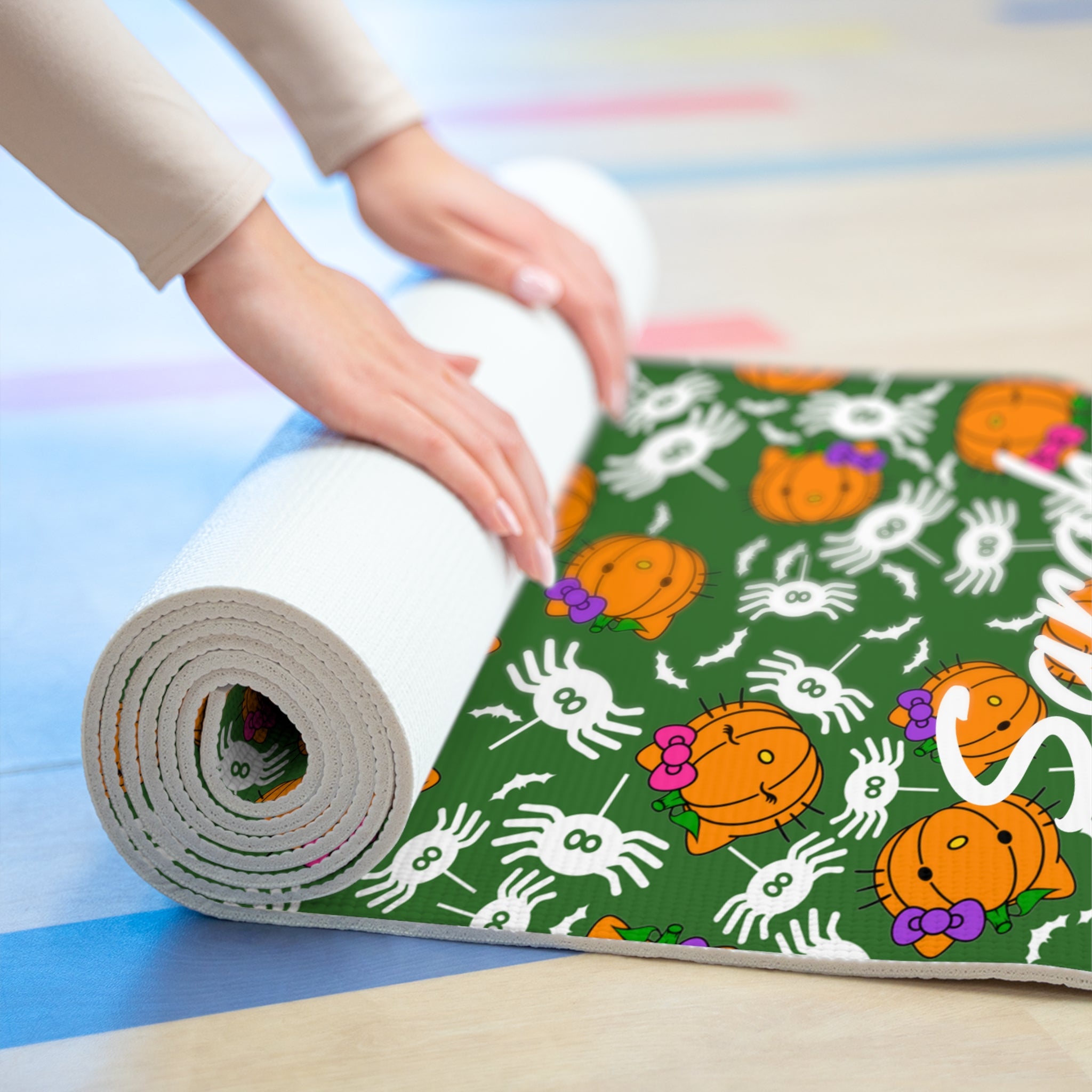 Custom name foam yoga mat double pumpkin kitty halloween green