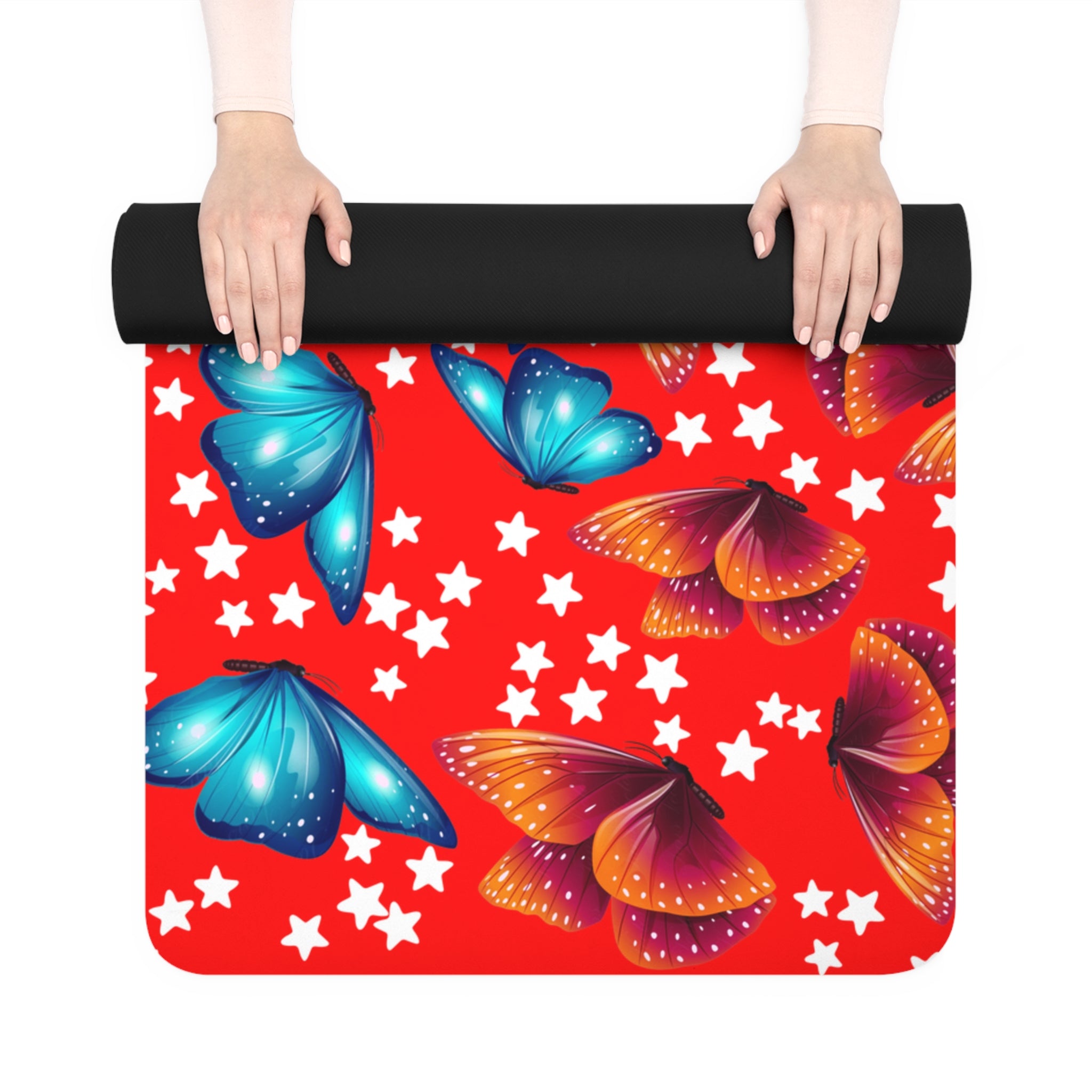 Rubber yoga mat butterflies stars red