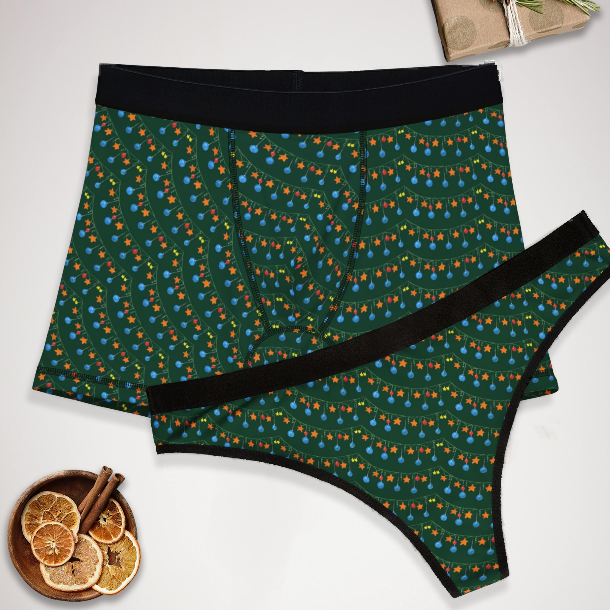 Matching underwear Green Christmas santa for couples boxer & thong set