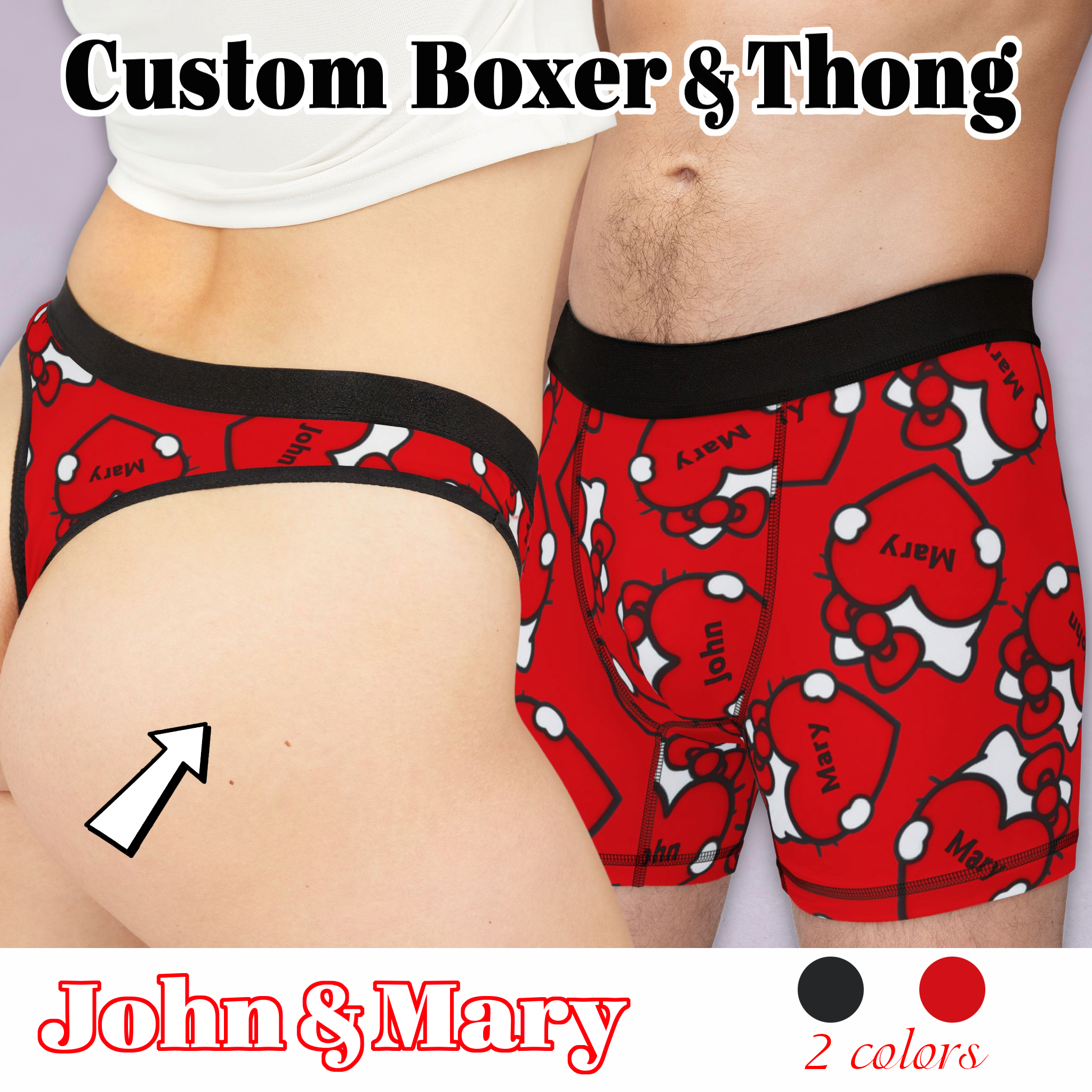 Custom matching underwear for couples kitty hearts valentine his her names boxer & thong set