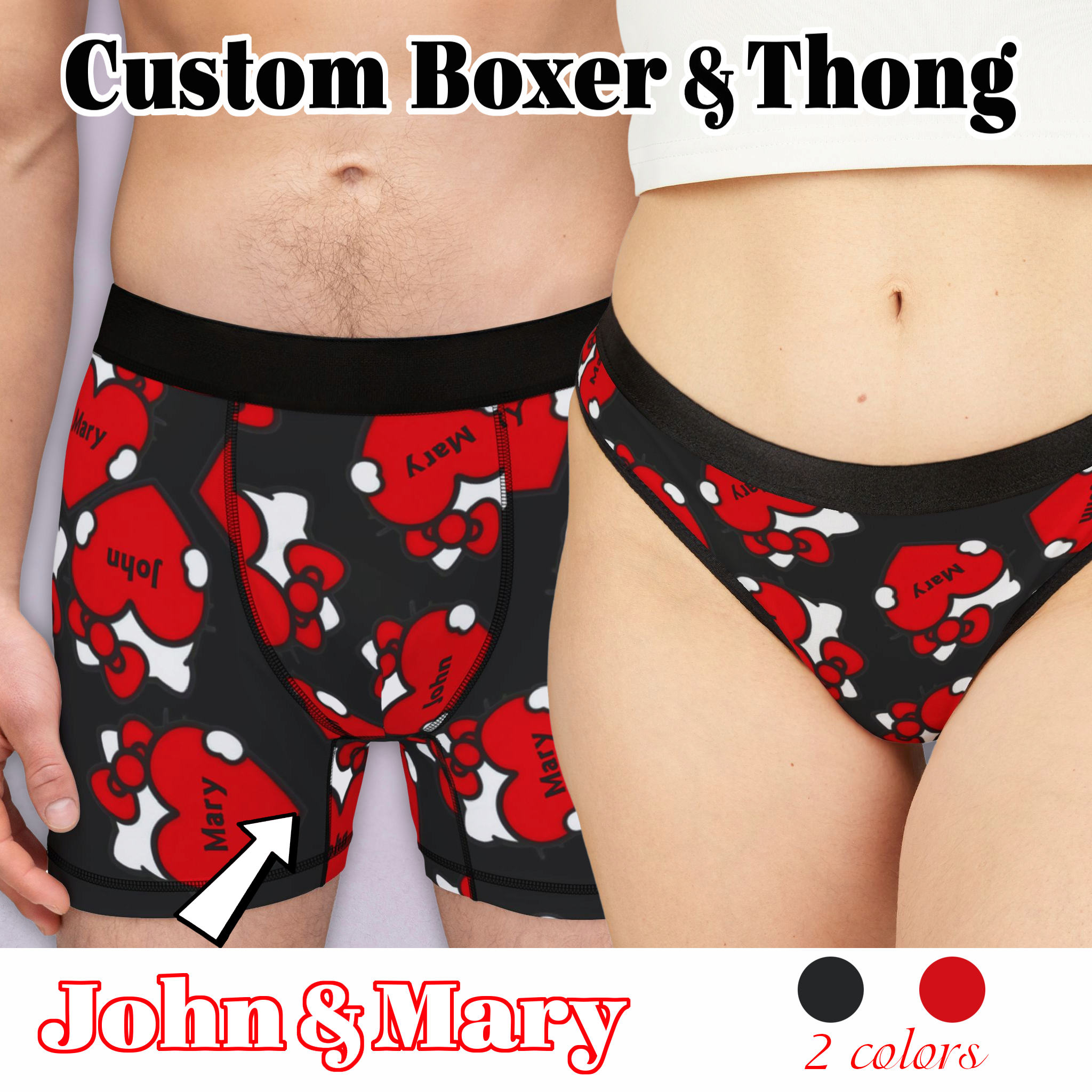 Custom matching underwear for couples kitty hearts valentine his her names boxer & thong set