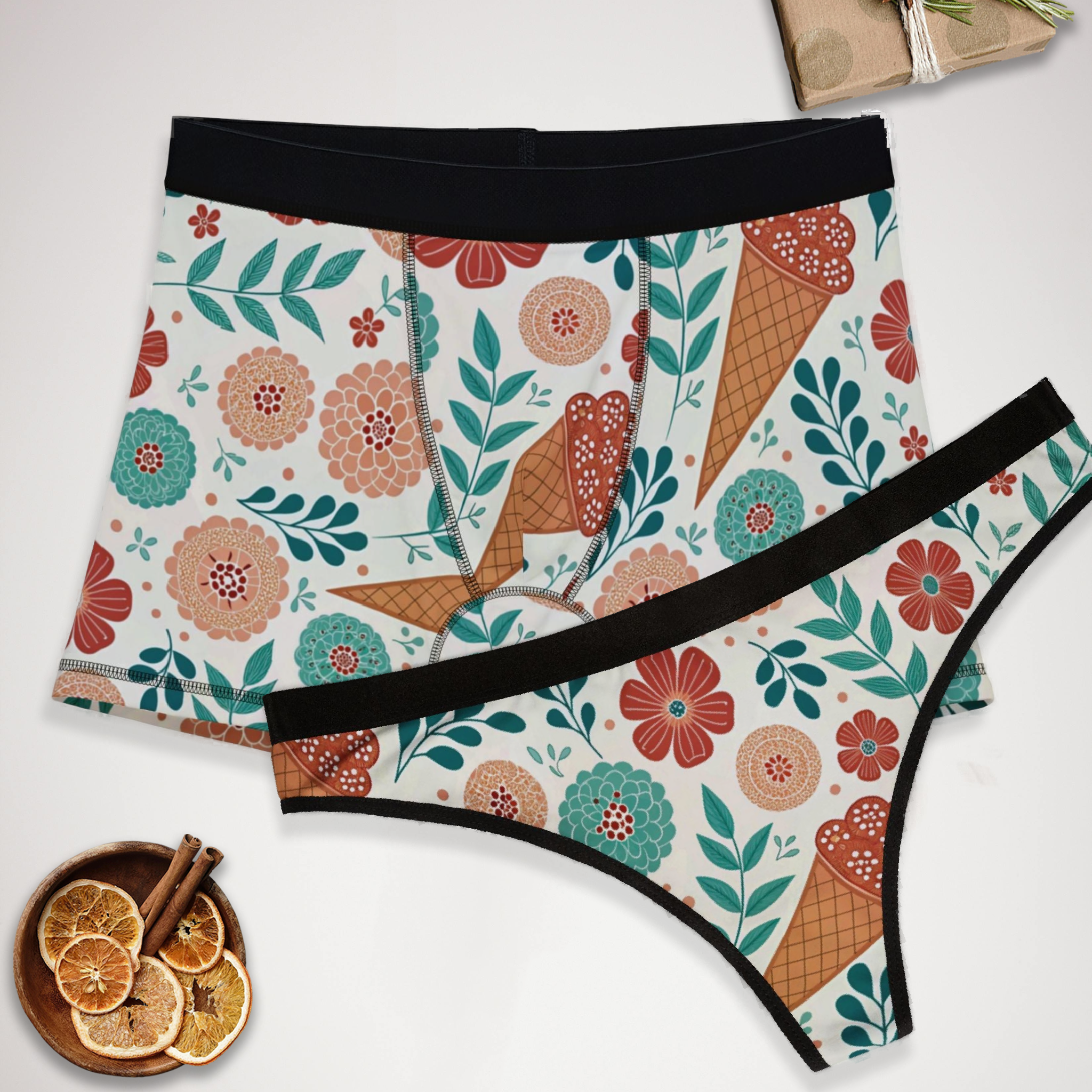 Matching underwear Floral Ice Cream for couples boxer & thong set
