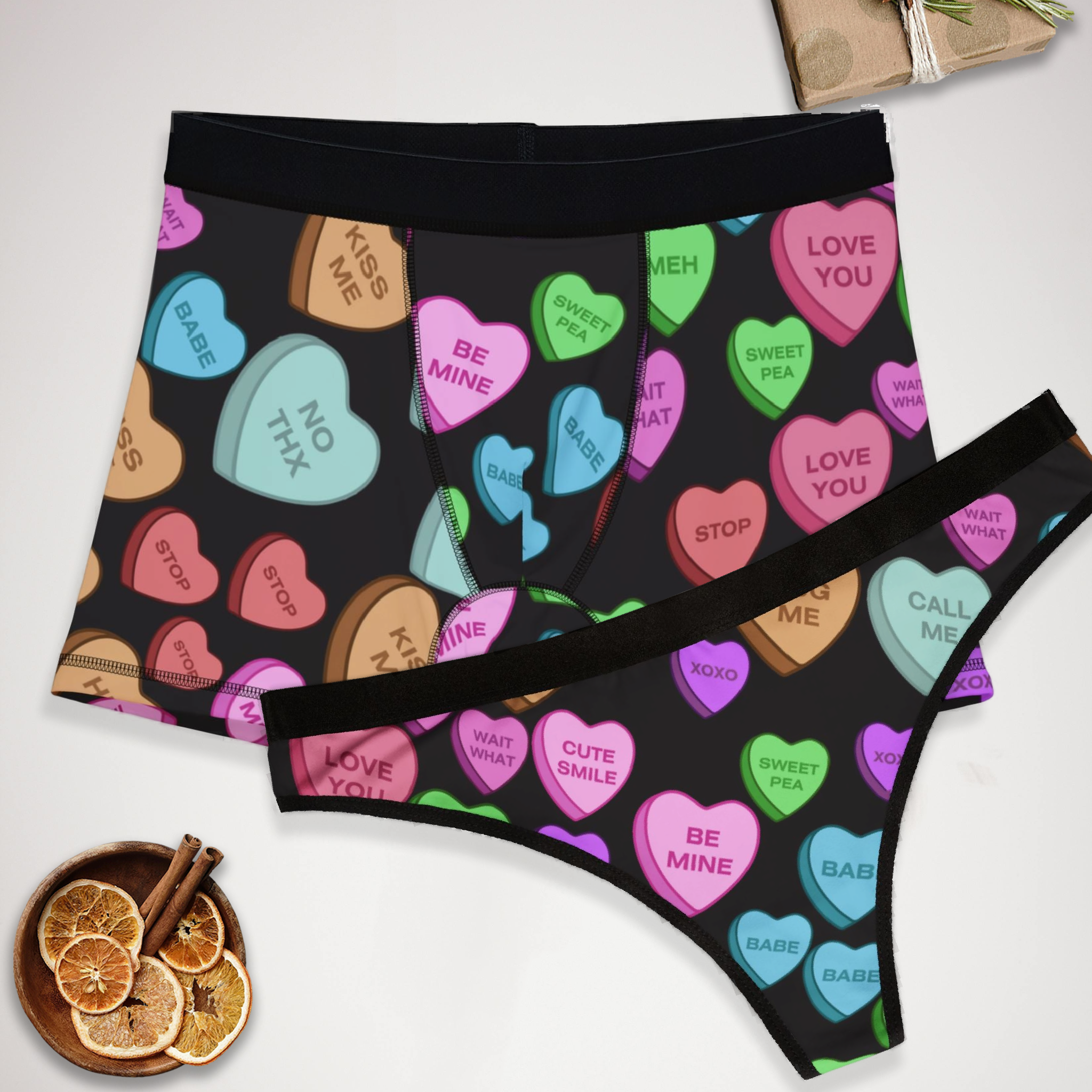 Couples matching  candy heart sweet valentine message character underwear set boxer and thong