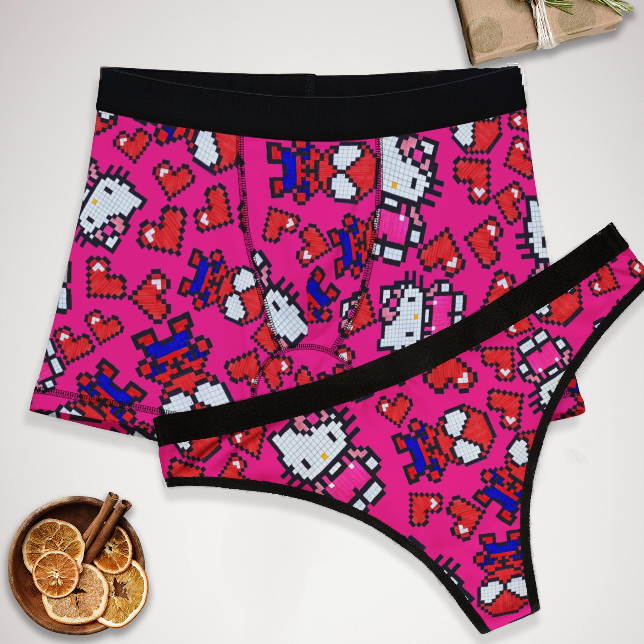 Couples matching  spider kitty pixel heart character love valentine character underwear set boxer and thong