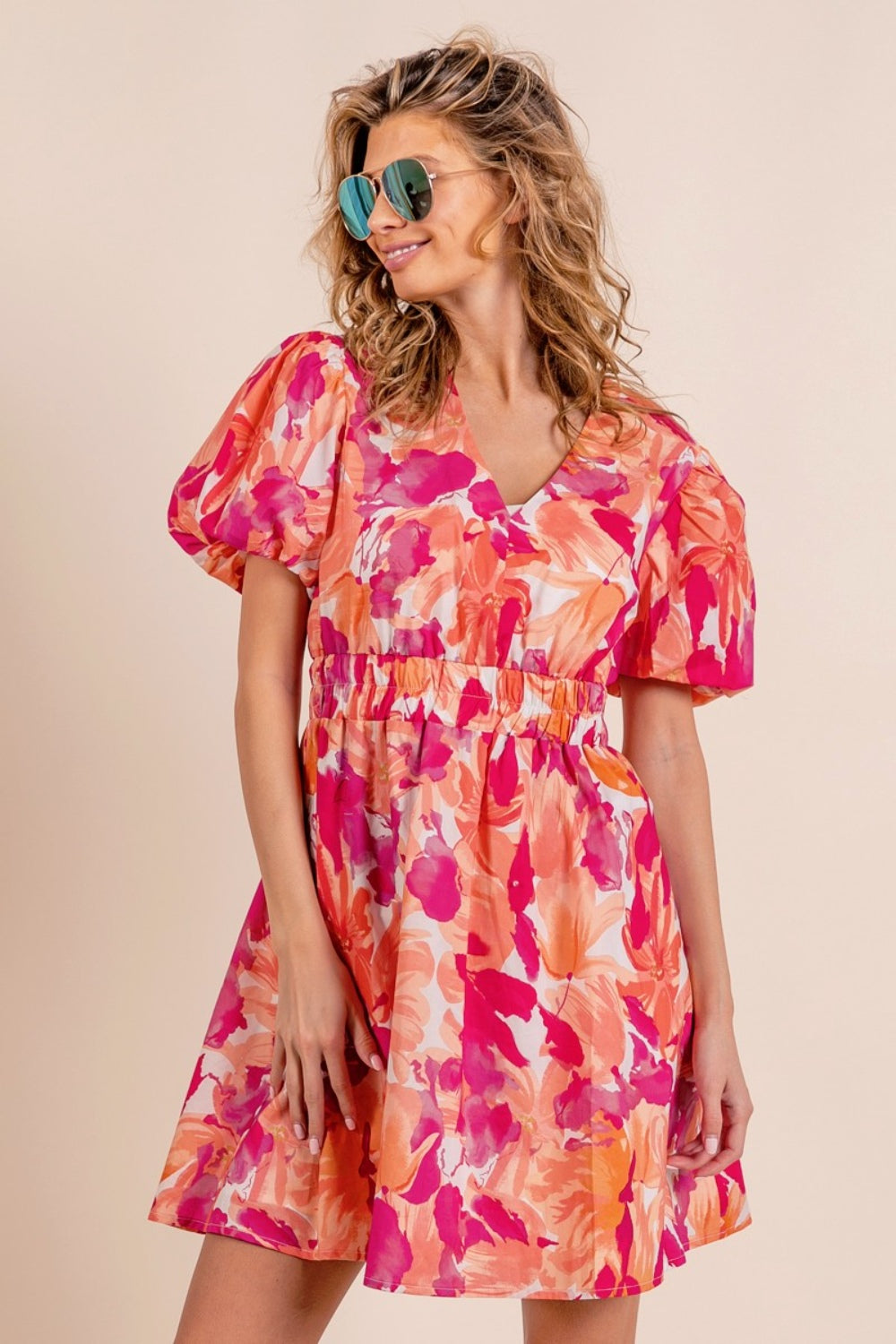 BiBi Floral V-Neck Mini Dress with Puff Sleeves - Summer Beach Wedding Guest Outfit for Women