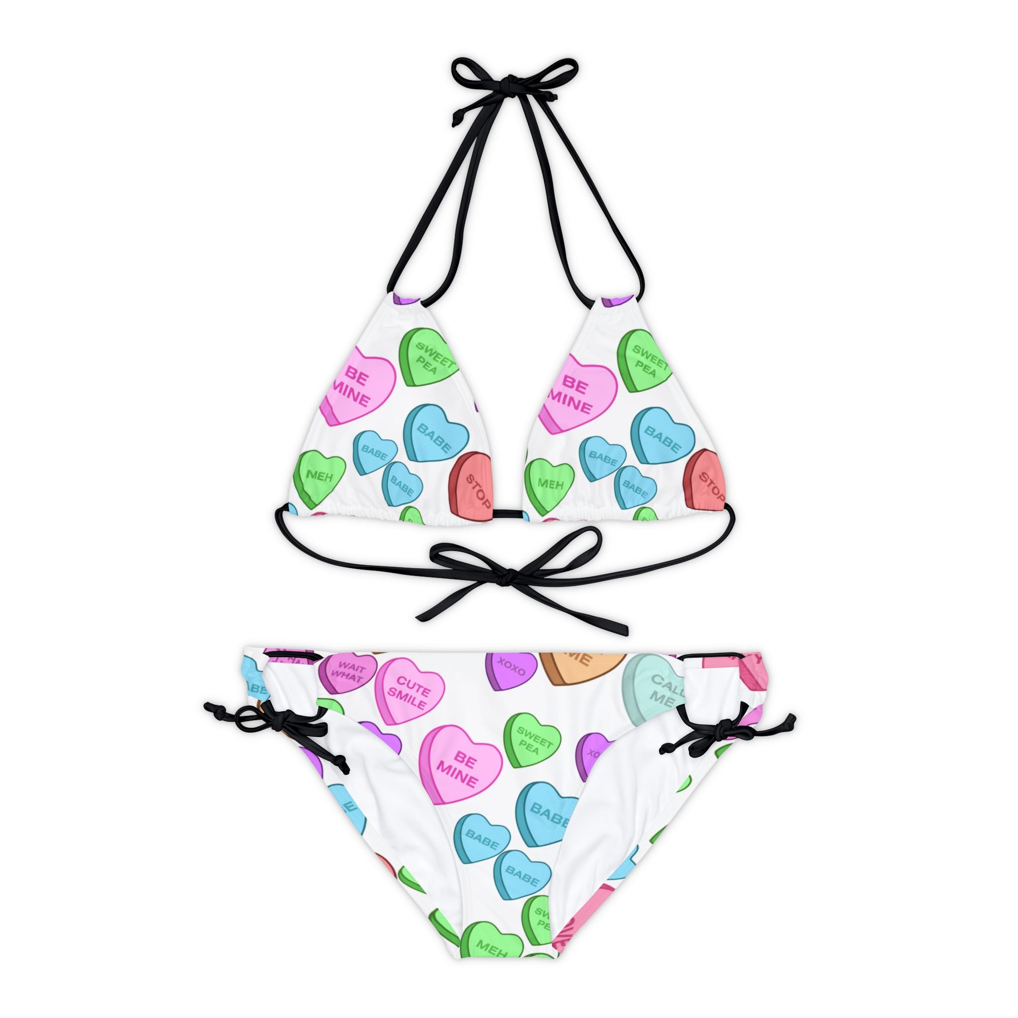 Strappy bikini set candy heart sweet valentine message white