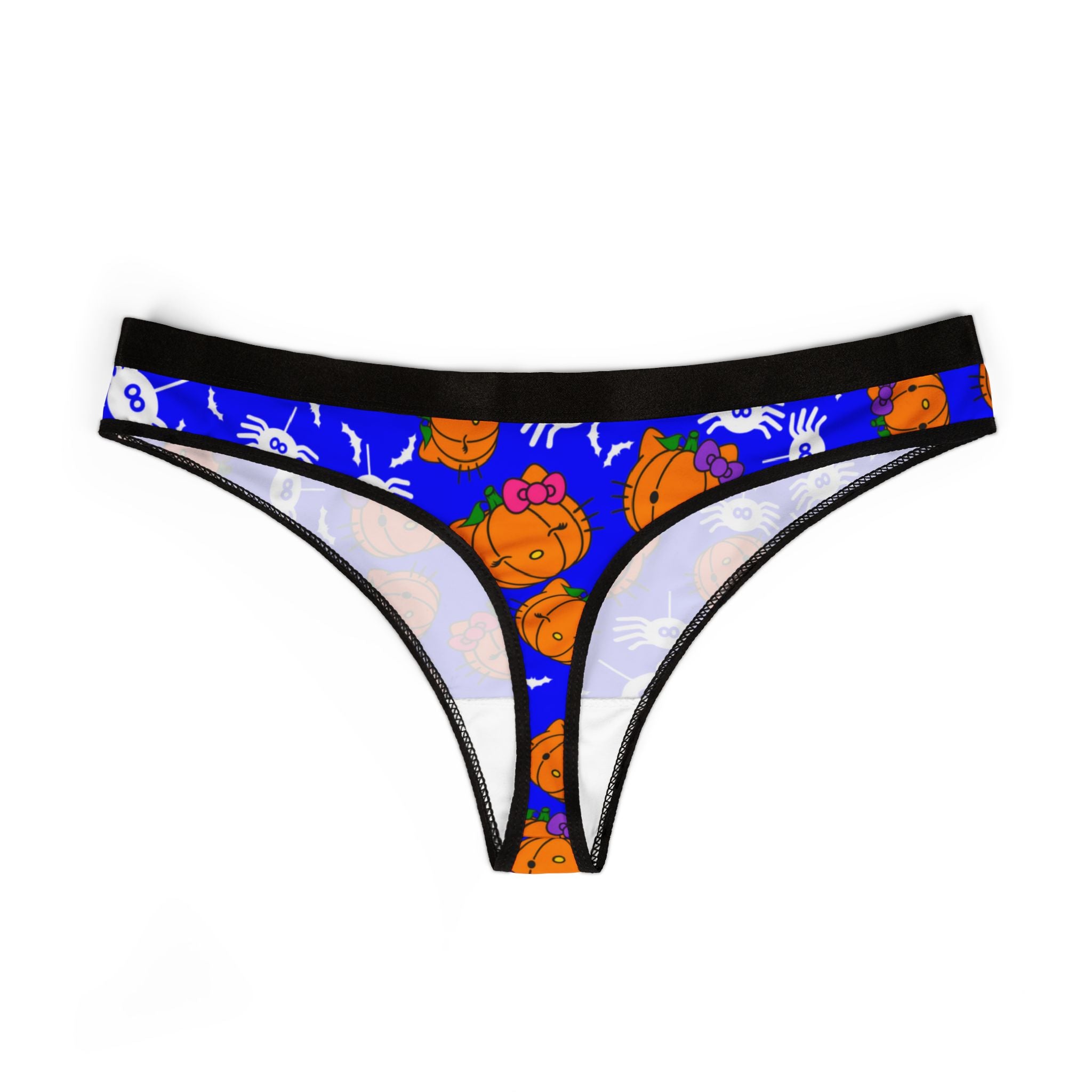 Women's thongs double pumpkin kitty Halloween blue