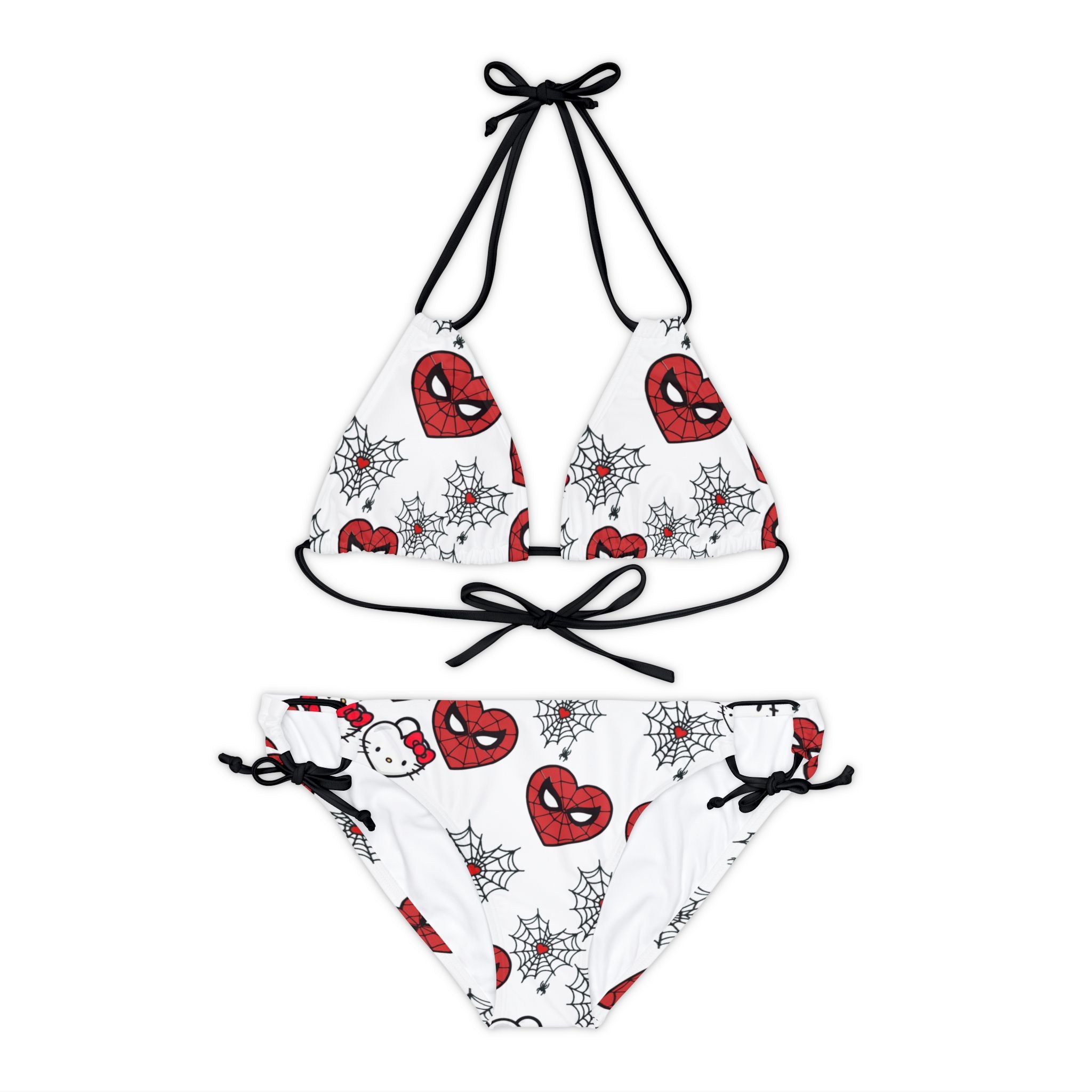 Strappy bikini set spider kitty heart web white