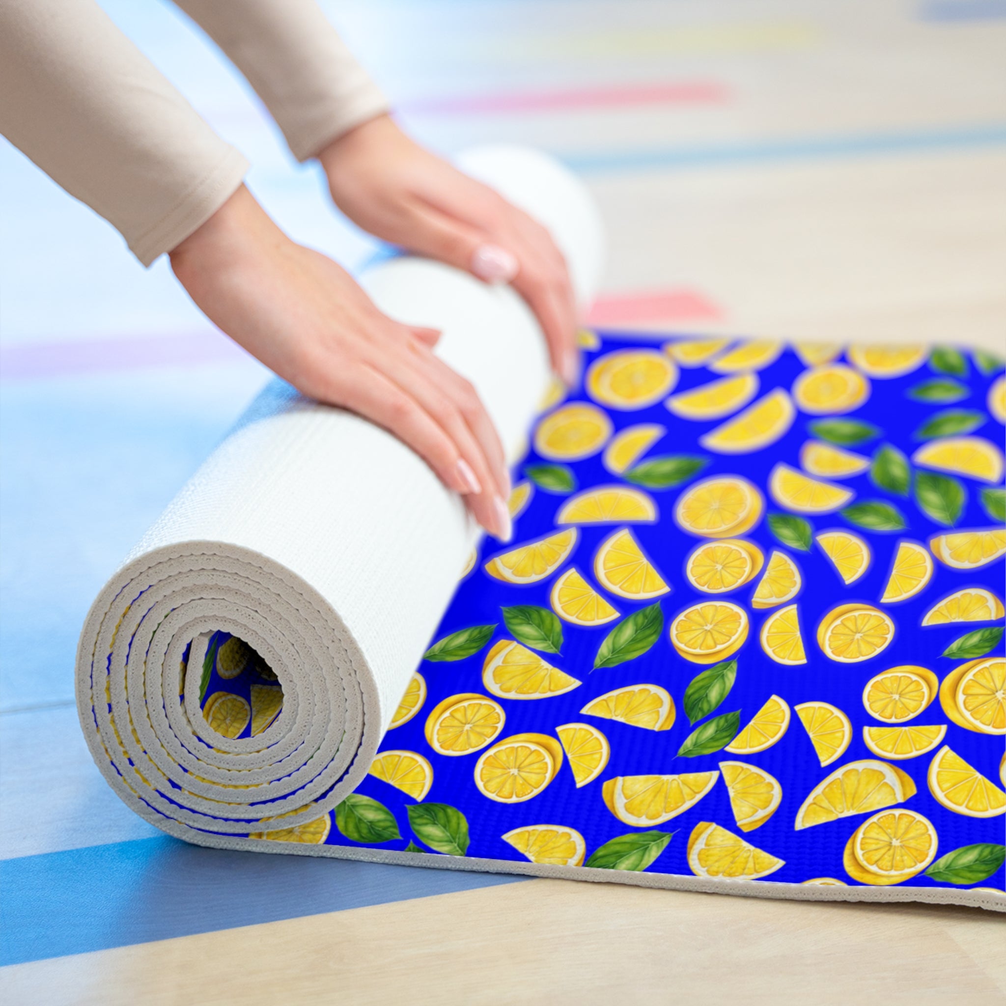 Foam yoga mat lemon and leaves blue