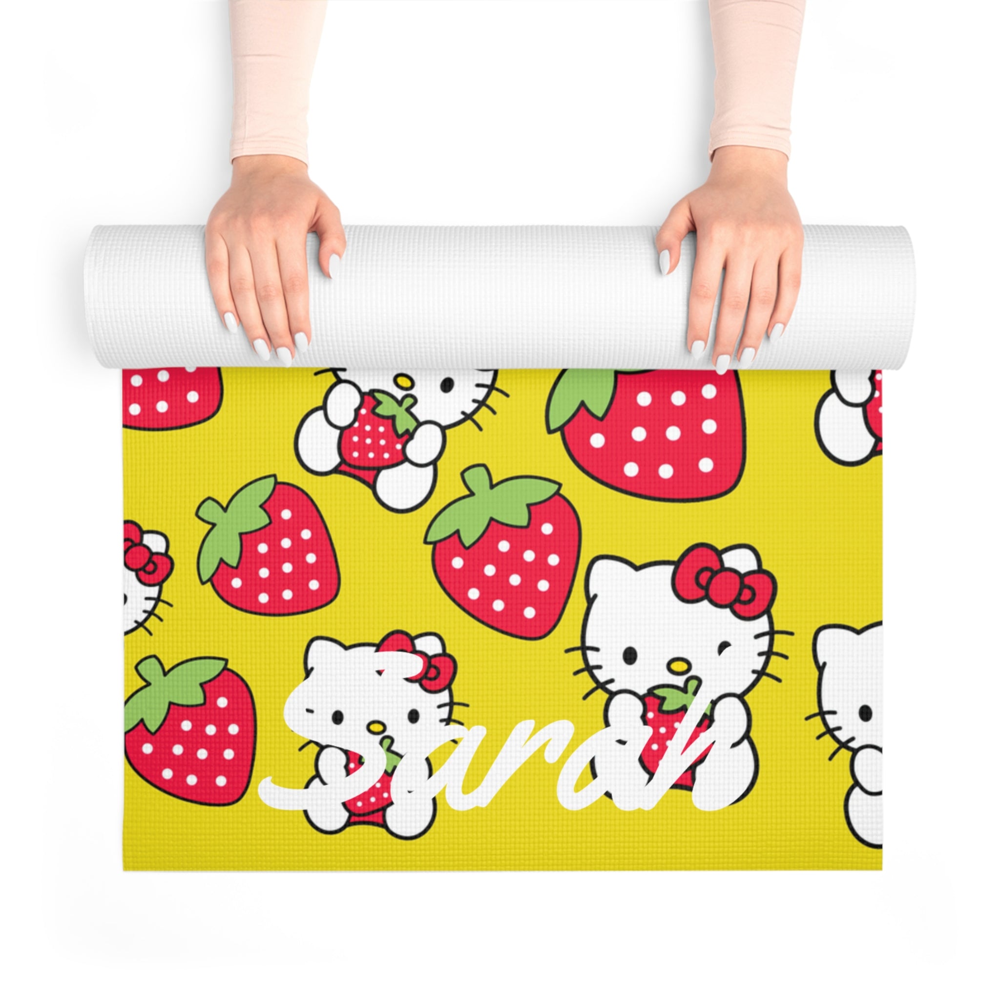 Custom name foam yoga mat kitty strawberry valentine love yellow