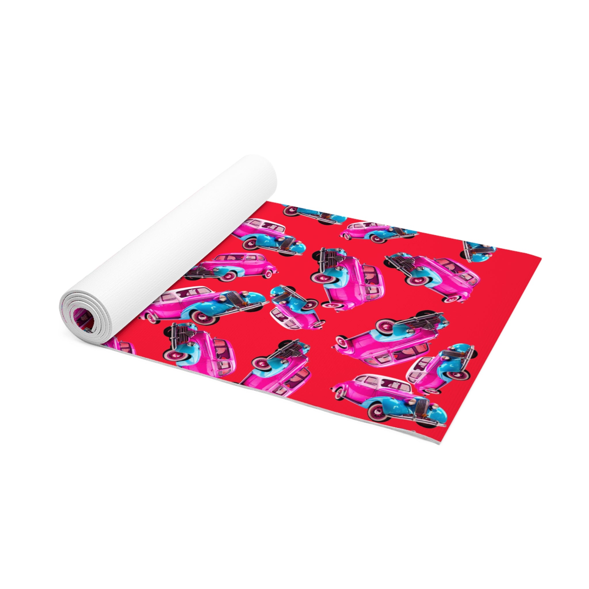 Foam yoga mat cartoon dirty old cars red