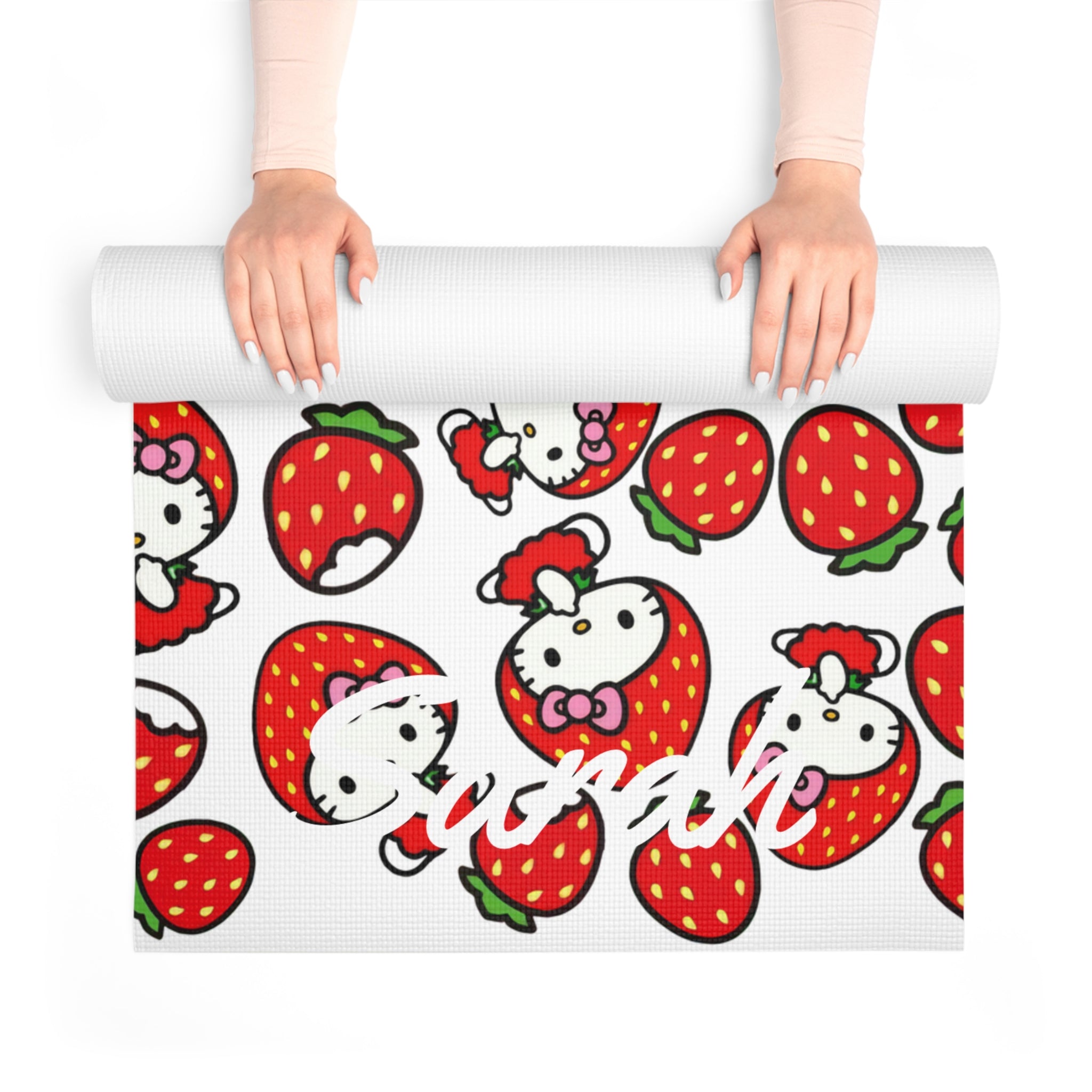 Custom name foam yoga mat kitty strawberry valentine white