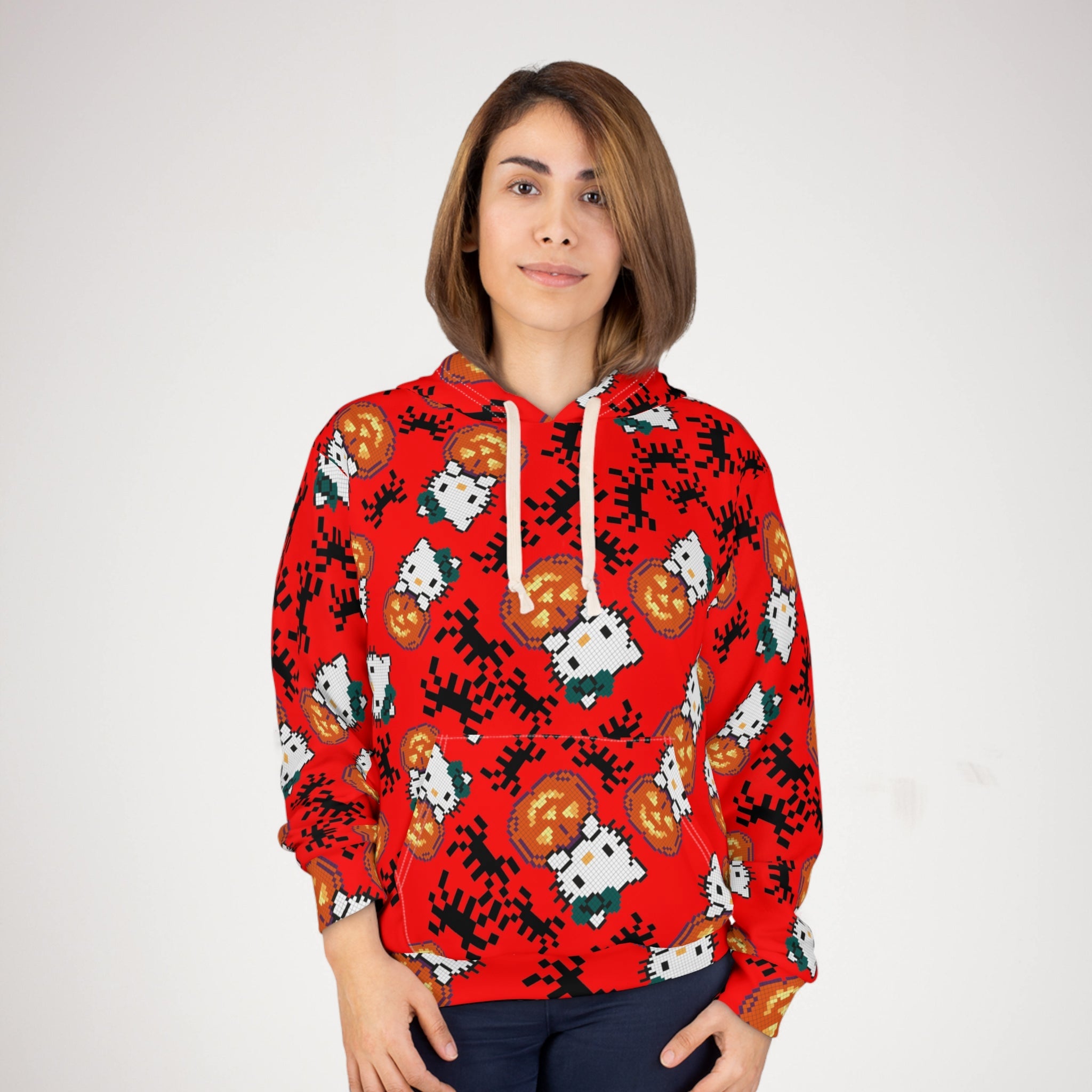 Unisex pullover hoodie kitty pumpkin Halloween pixel spider red