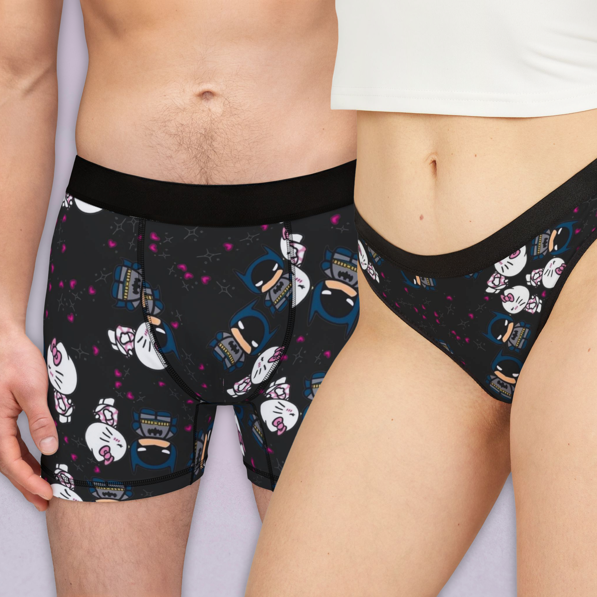 Matching underwear kitty batman valentine kiss for couples boxer & thong set