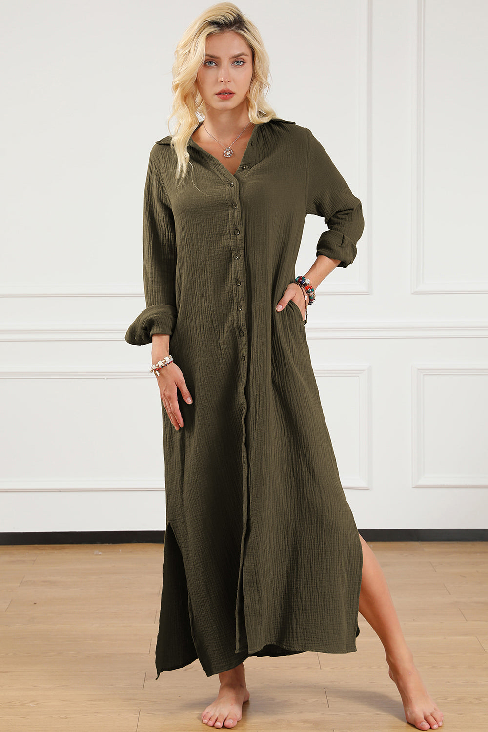 Chic Summer Beach Wedding Guest Dresses for Women Over 50: Texture Collared Neck Button Up Slit Shirt Dress - Ideal Choice for Mature Elegance and Style