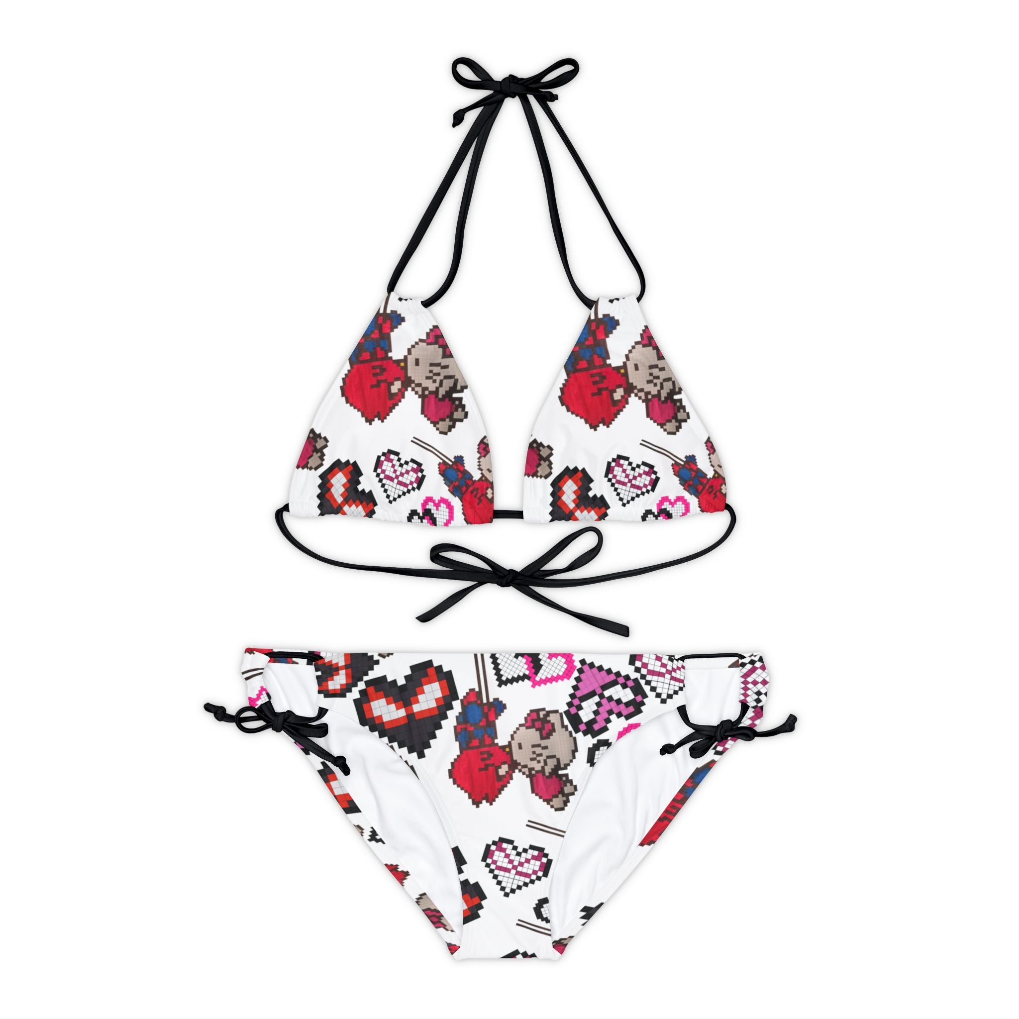 Strappy bikini set spider kitty pixel kiss hearts white