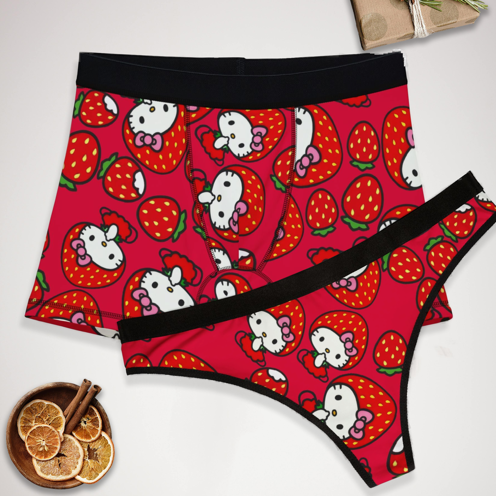 Couples matching  kitty strawberry valentine underwear set boxer and thong