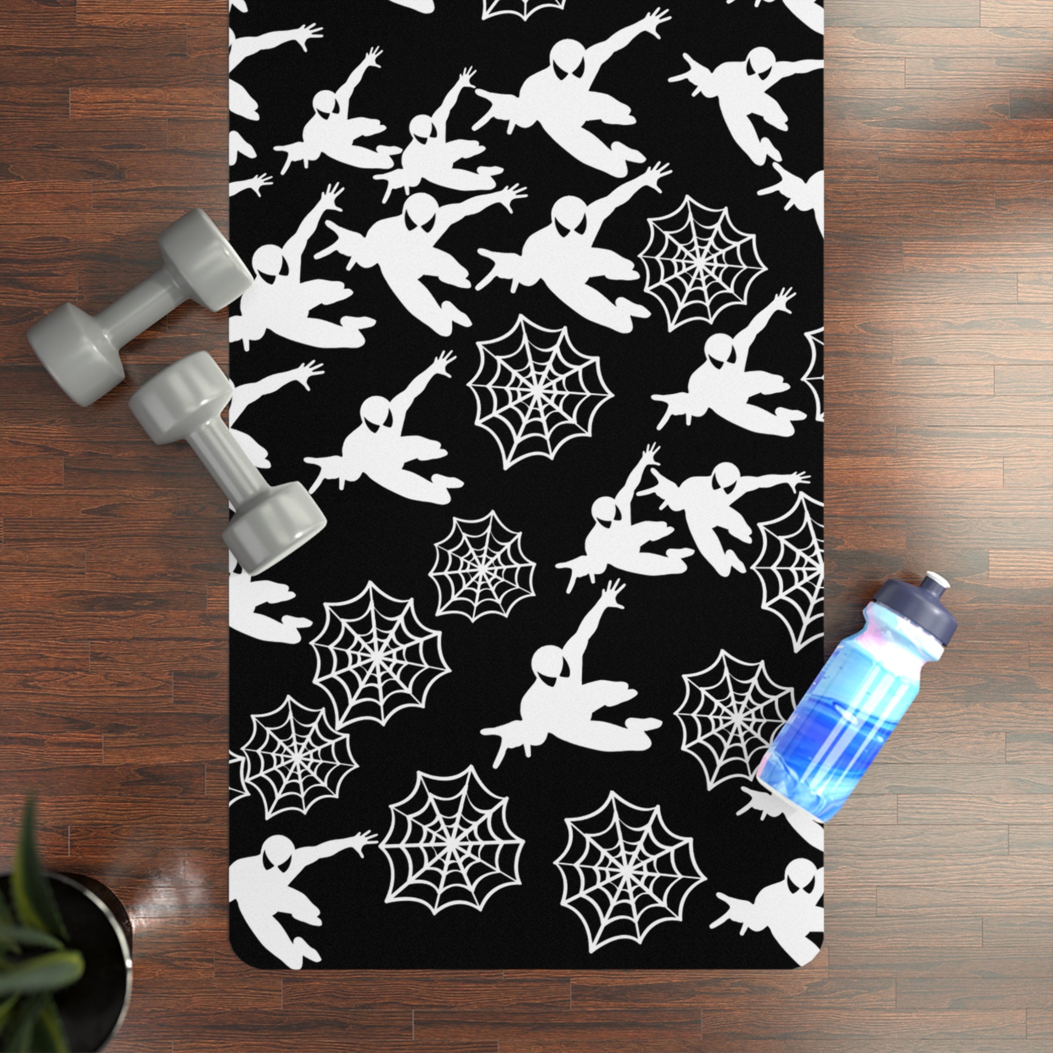 Rubber yoga mat spiderman web plain black