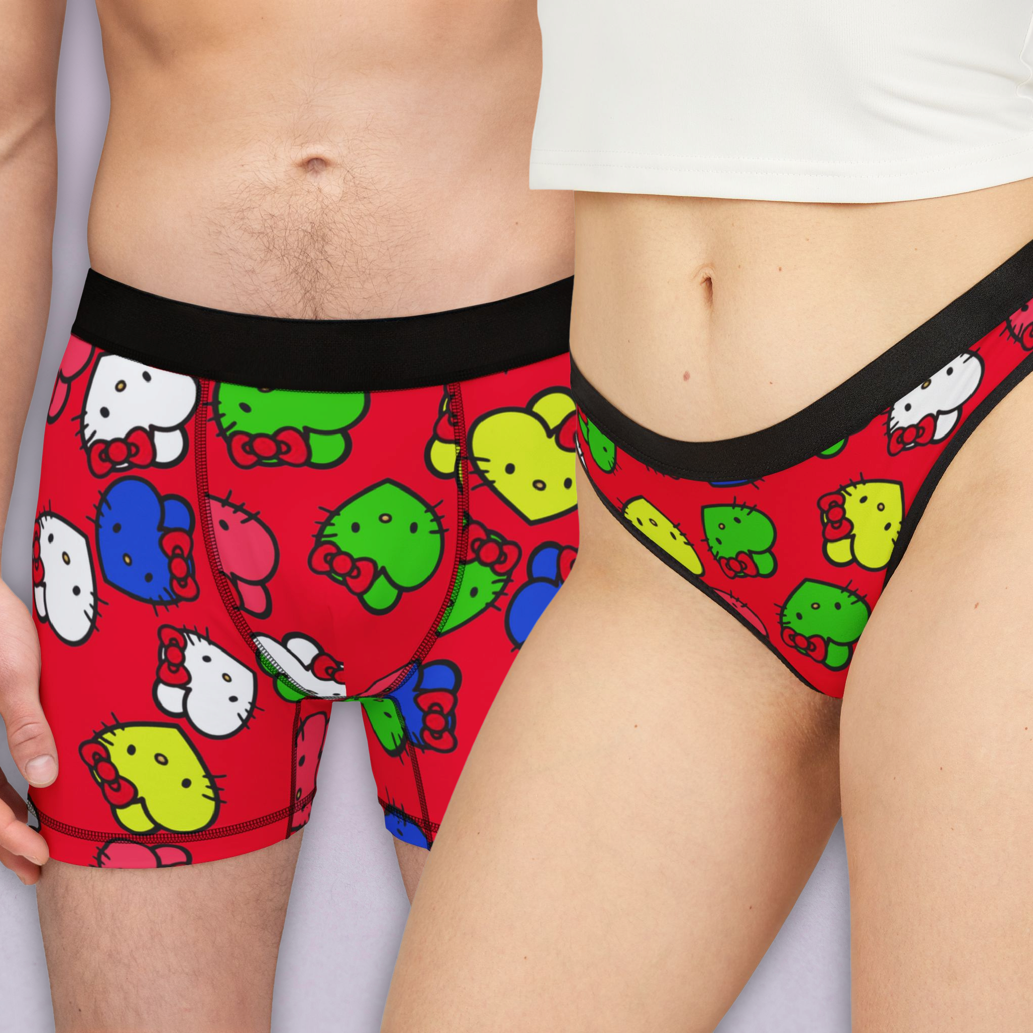 Couples matching  kitty hearts multi colors underwear set boxer and thong