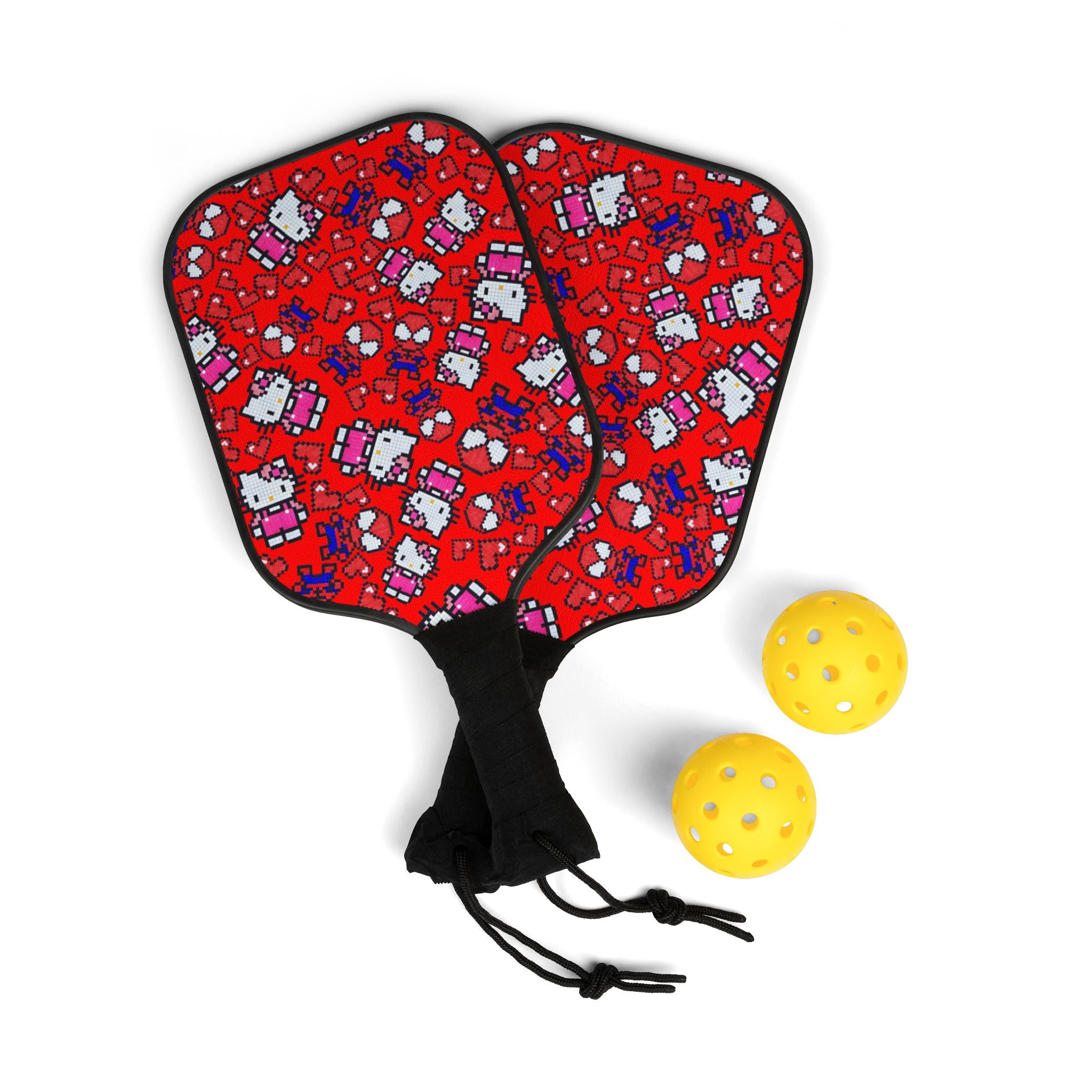 Pickleball kit (2 paddles + 2 balls + transparent bag) spider kitty pixel heart character love valentine red