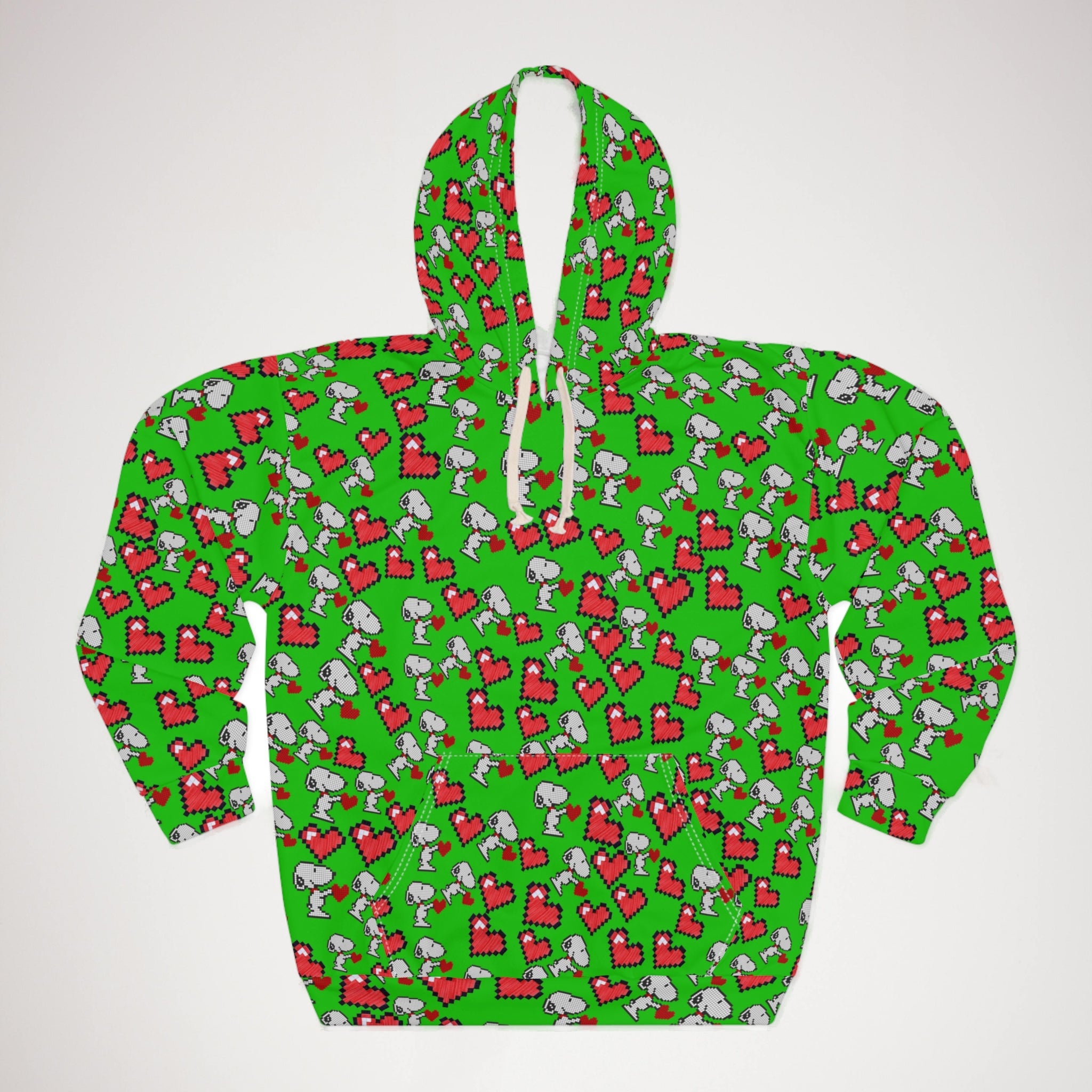 Unisex pullover hoodie snoopy hearts valentine green