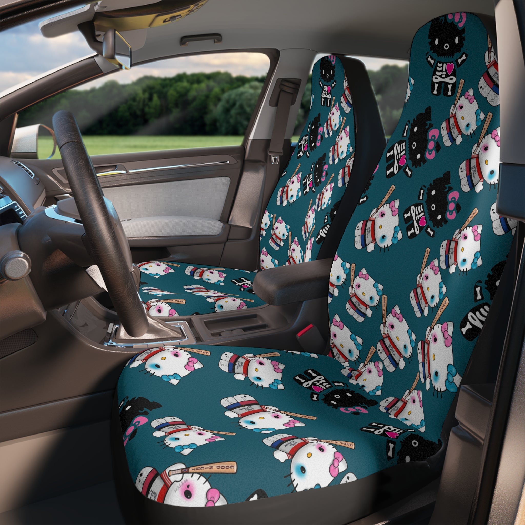 Car seat covers kitty monster Halloween bone cyan