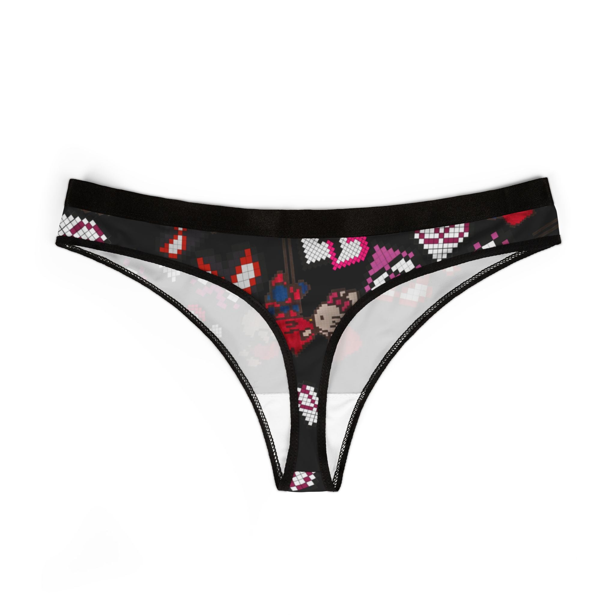 Women's thongs spider kitty pixel kiss hearts black