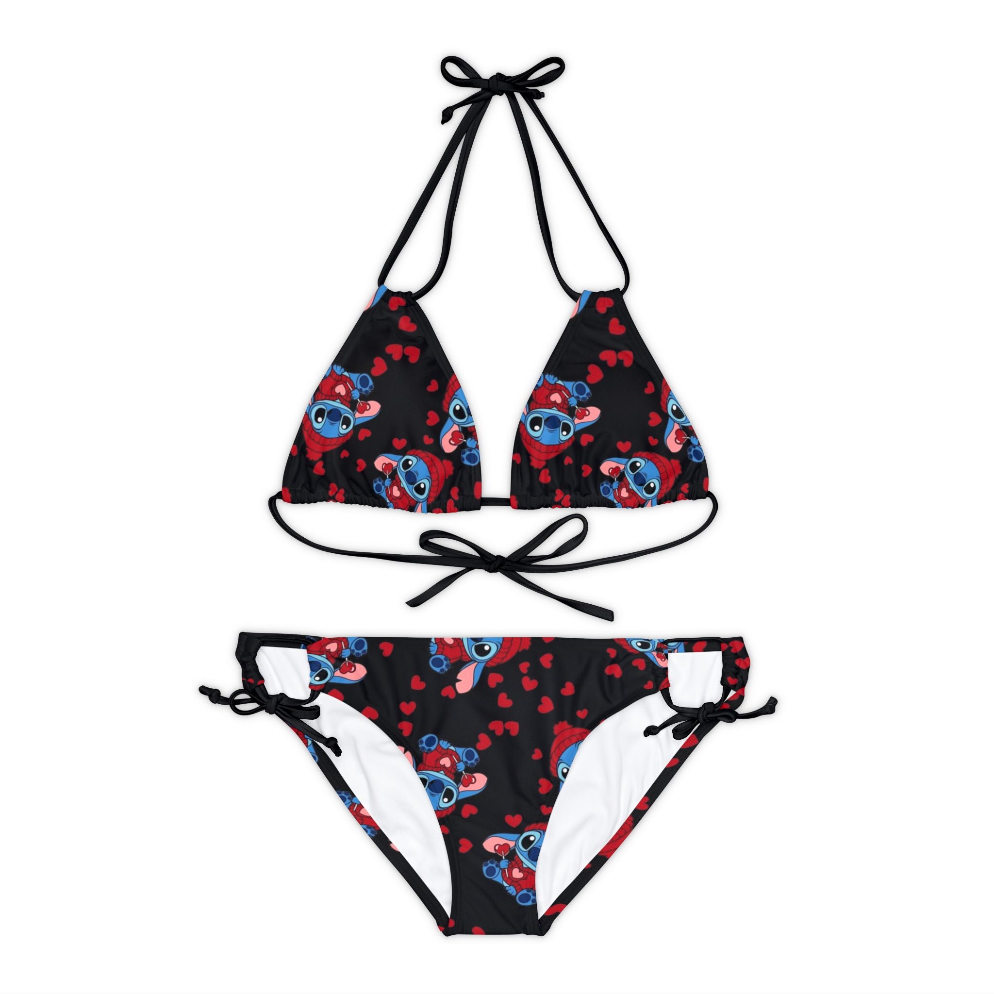 Strappy bikini set stitch valentine cream heart black