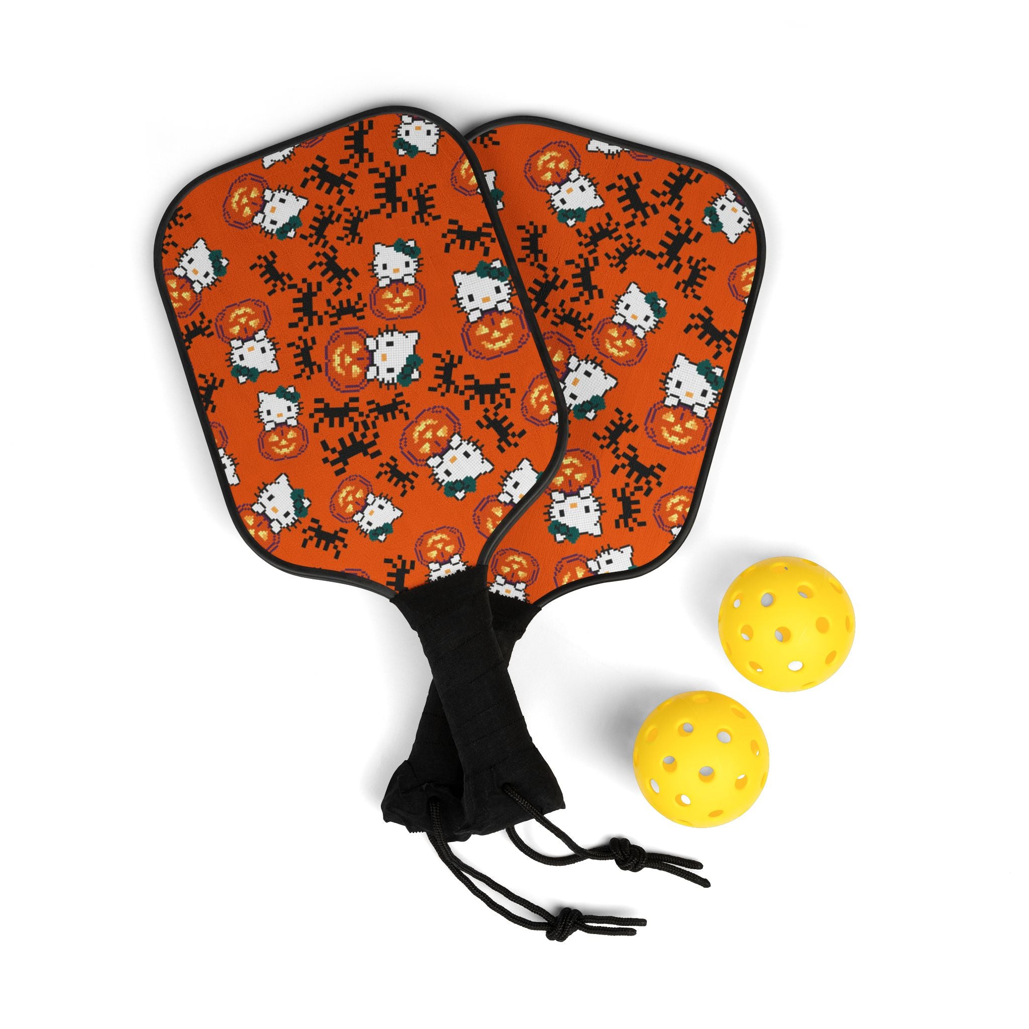 Pickleball kit (2 paddles + 2 balls + transparent bag) kitty pumpkin Halloween pixel spider orange