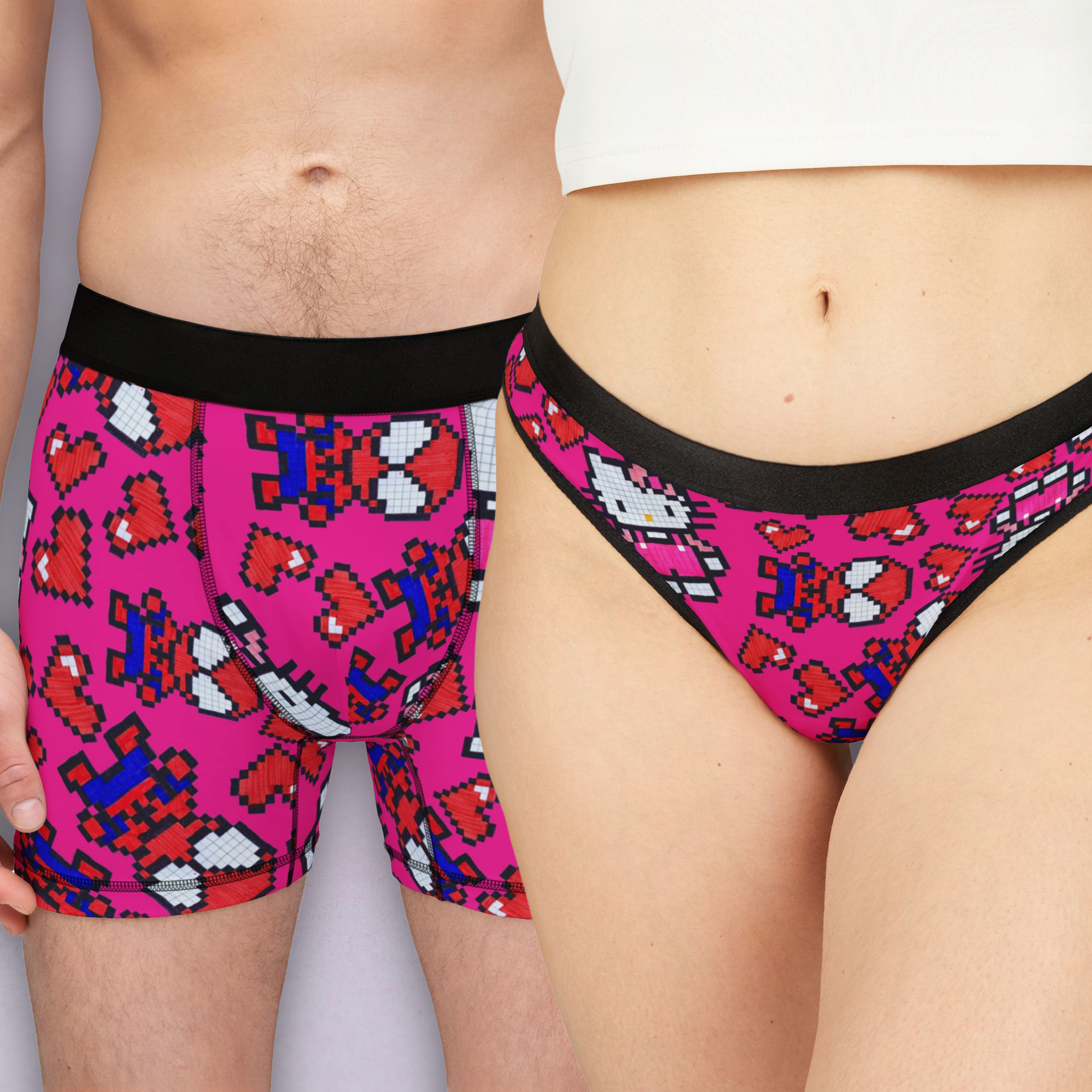 Couples matching  spider kitty pixel heart character love valentine character underwear set boxer and thong