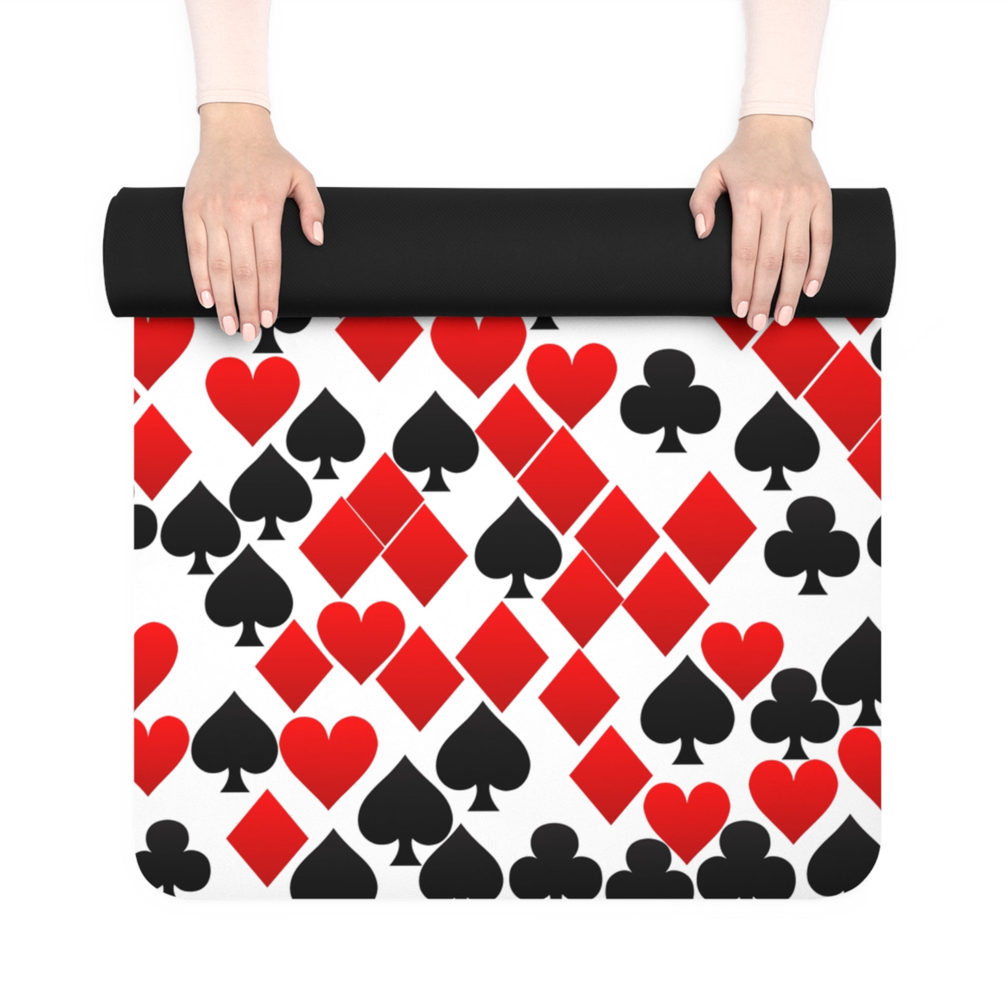 Rubber yoga mat playing cards spades hearts diamonds clubs valentine love white