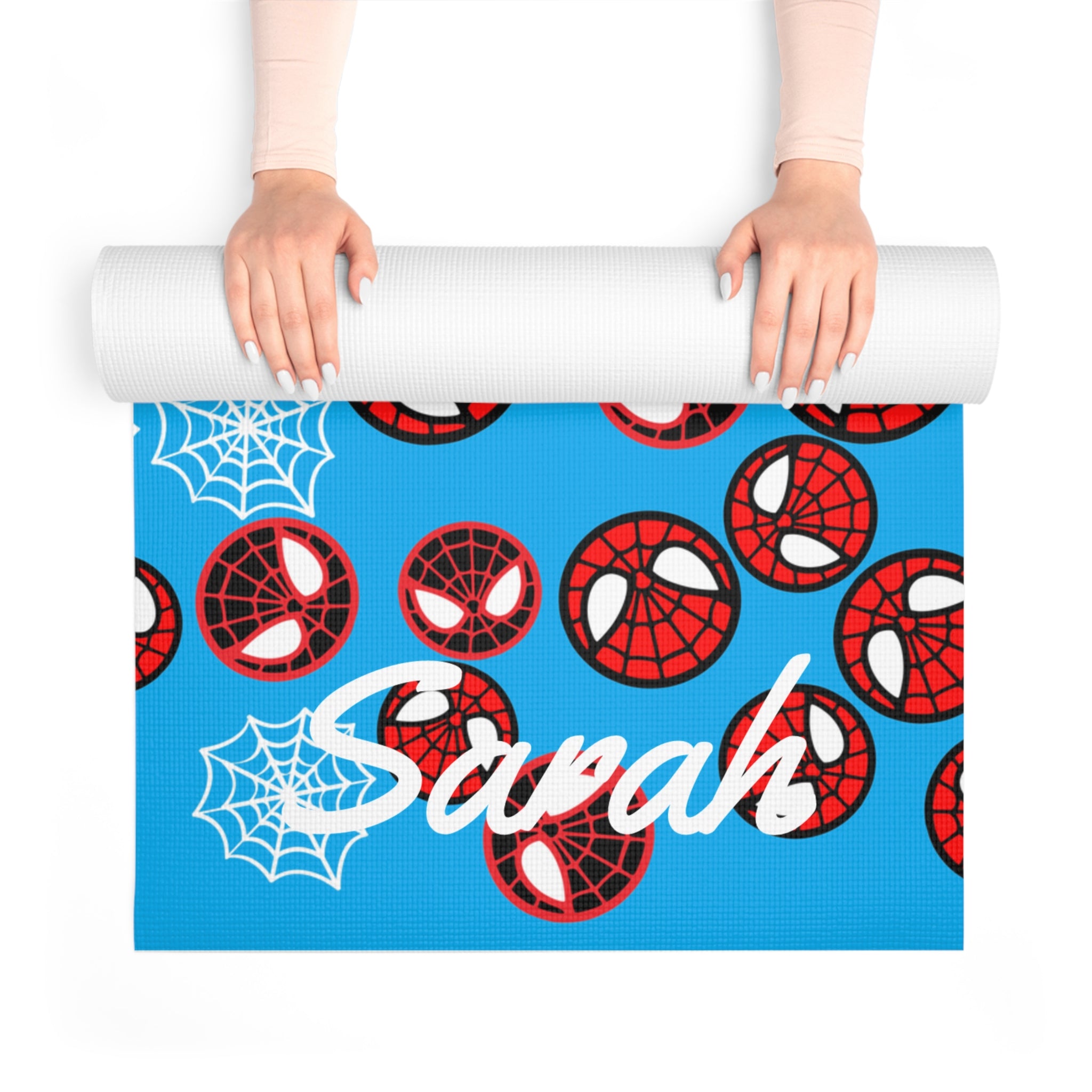 Custom name foam yoga mat spider circle web cyan