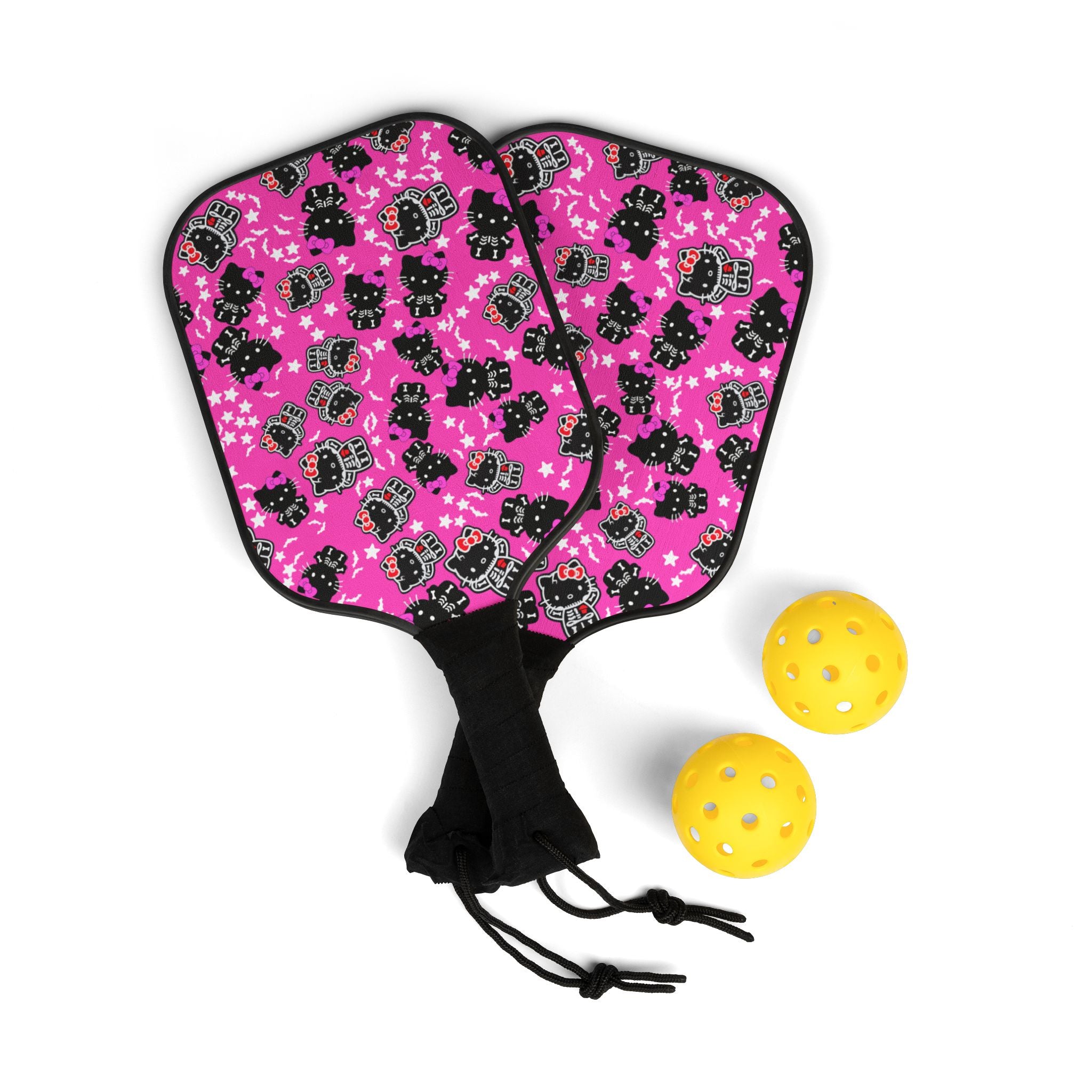 Pickleball kit (2 paddles + 2 balls + transparent bag) kitty halloween bones pink