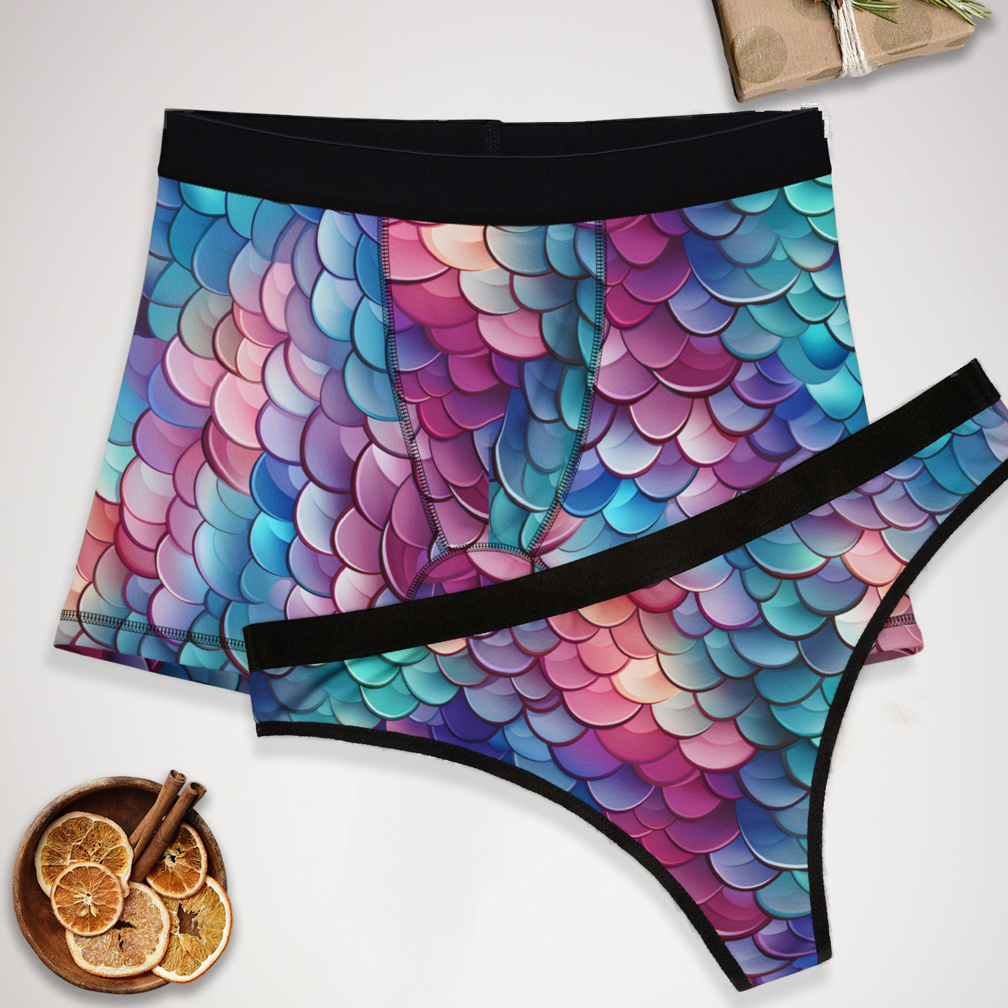 Matching underwear Mermaid Scales for couples boxer & thong set