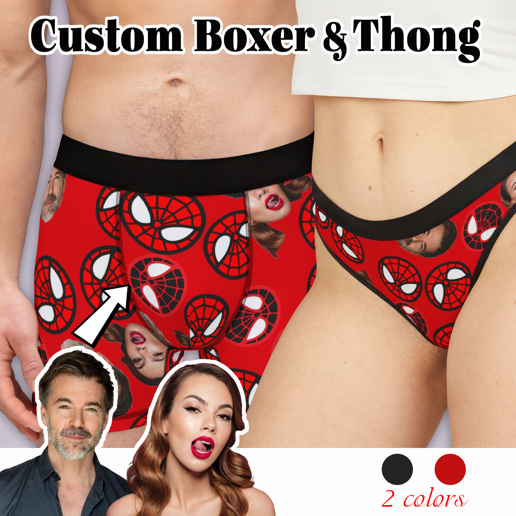 Custom matching underwear for couples spider circle his her faces boxer & thong set