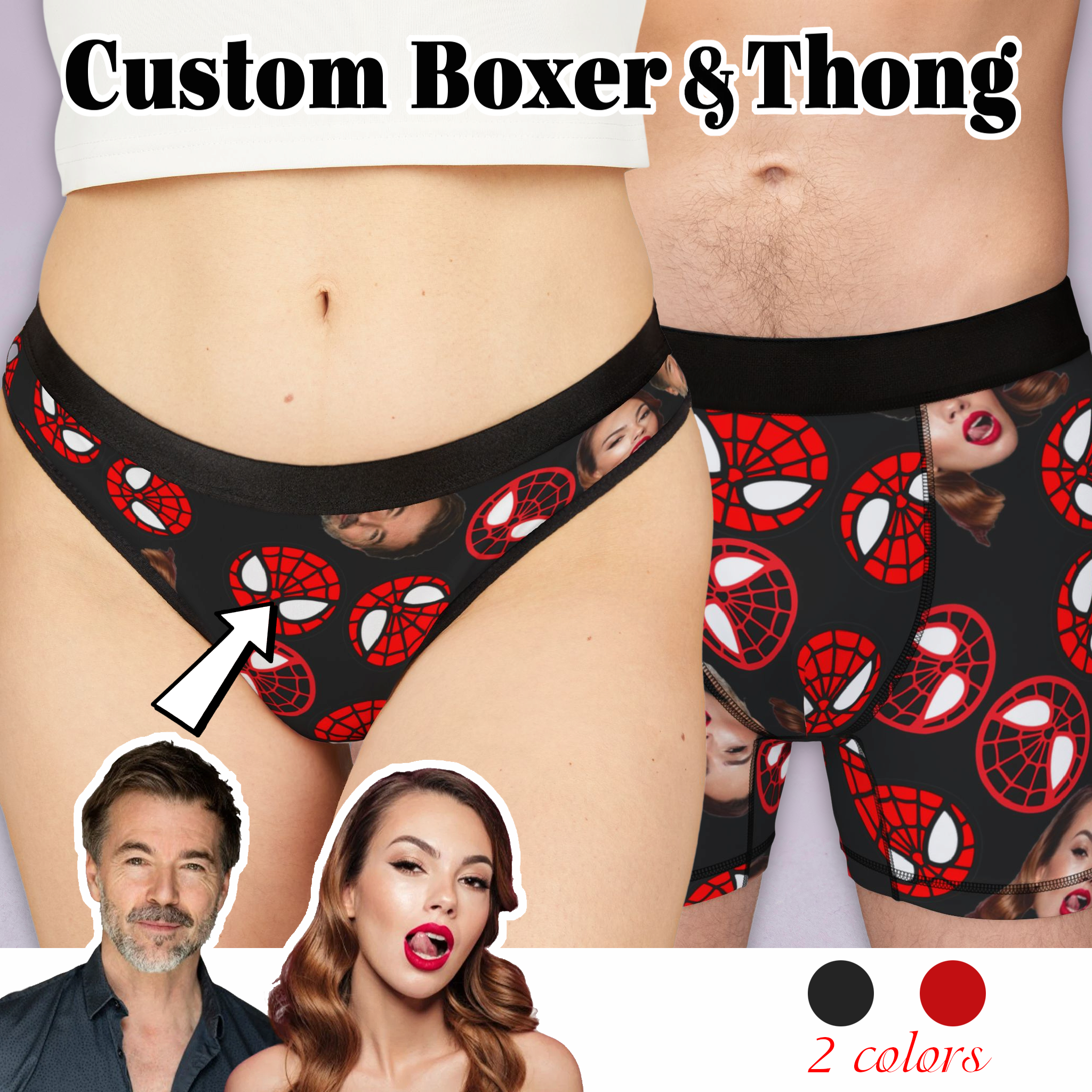 Custom matching underwear for couples spider circle his her faces boxer & thong set