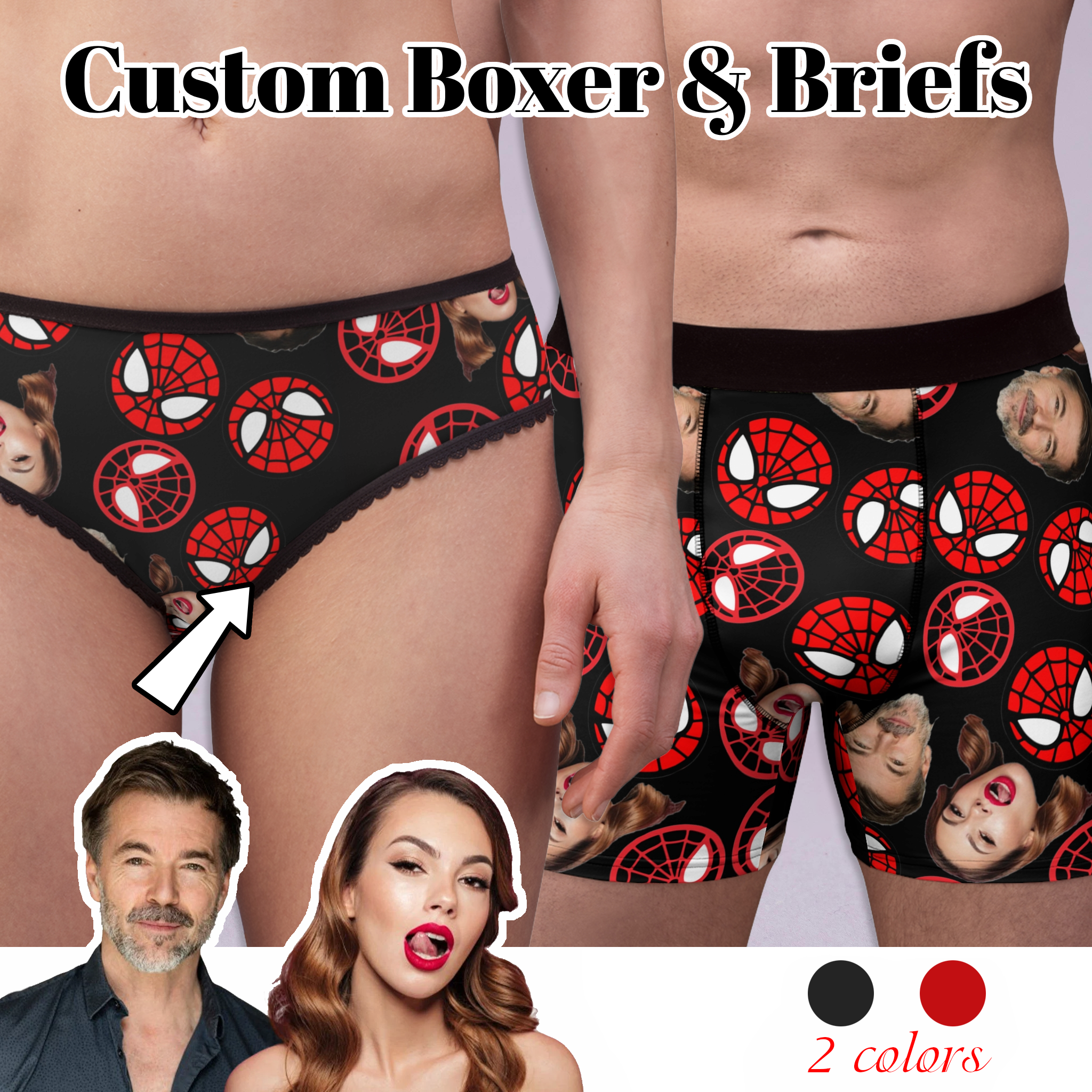 Custom matching underwear for couples spider circle his her faces set boxer & briefs