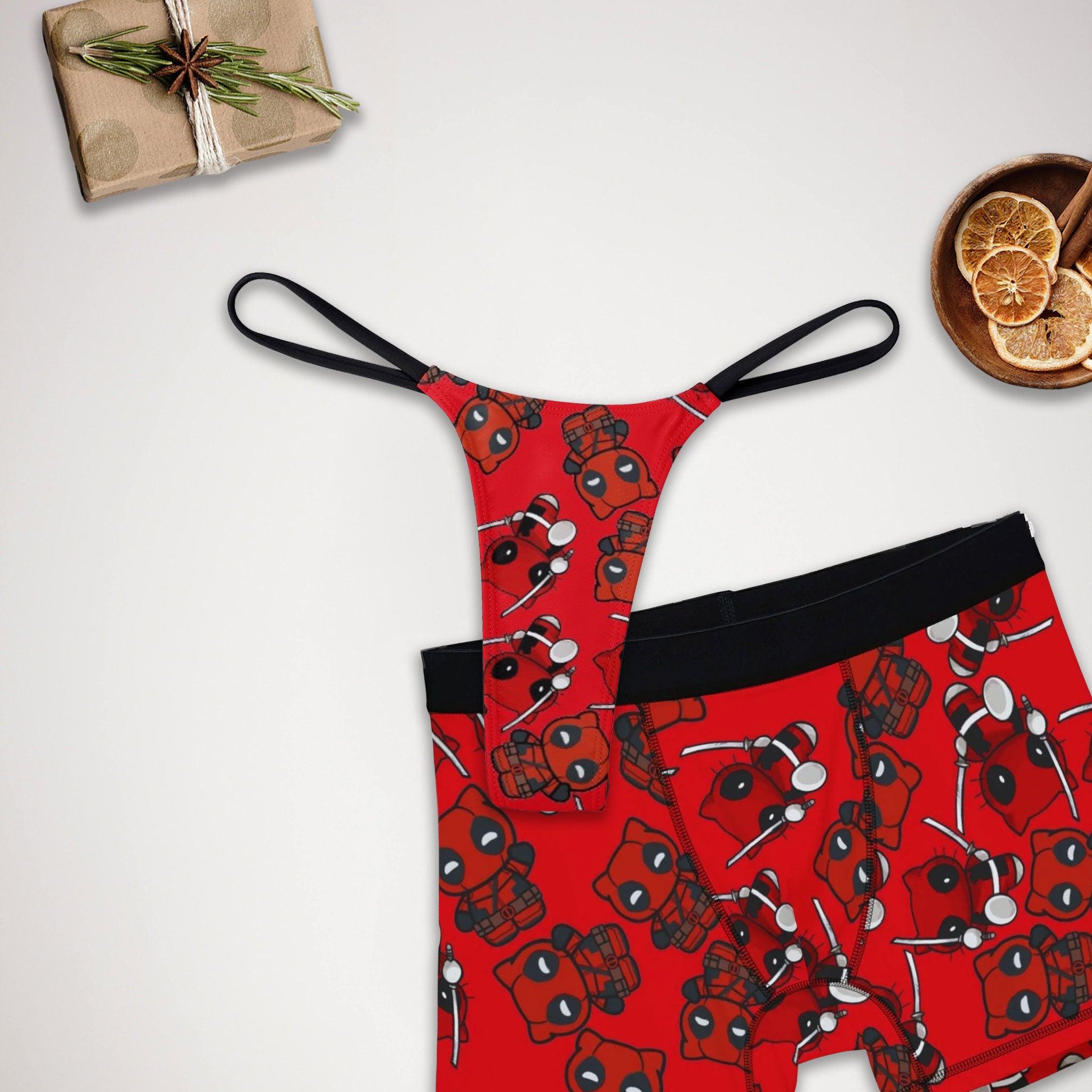 Couples matching kitty deadpool underwear, boxer & thin thong