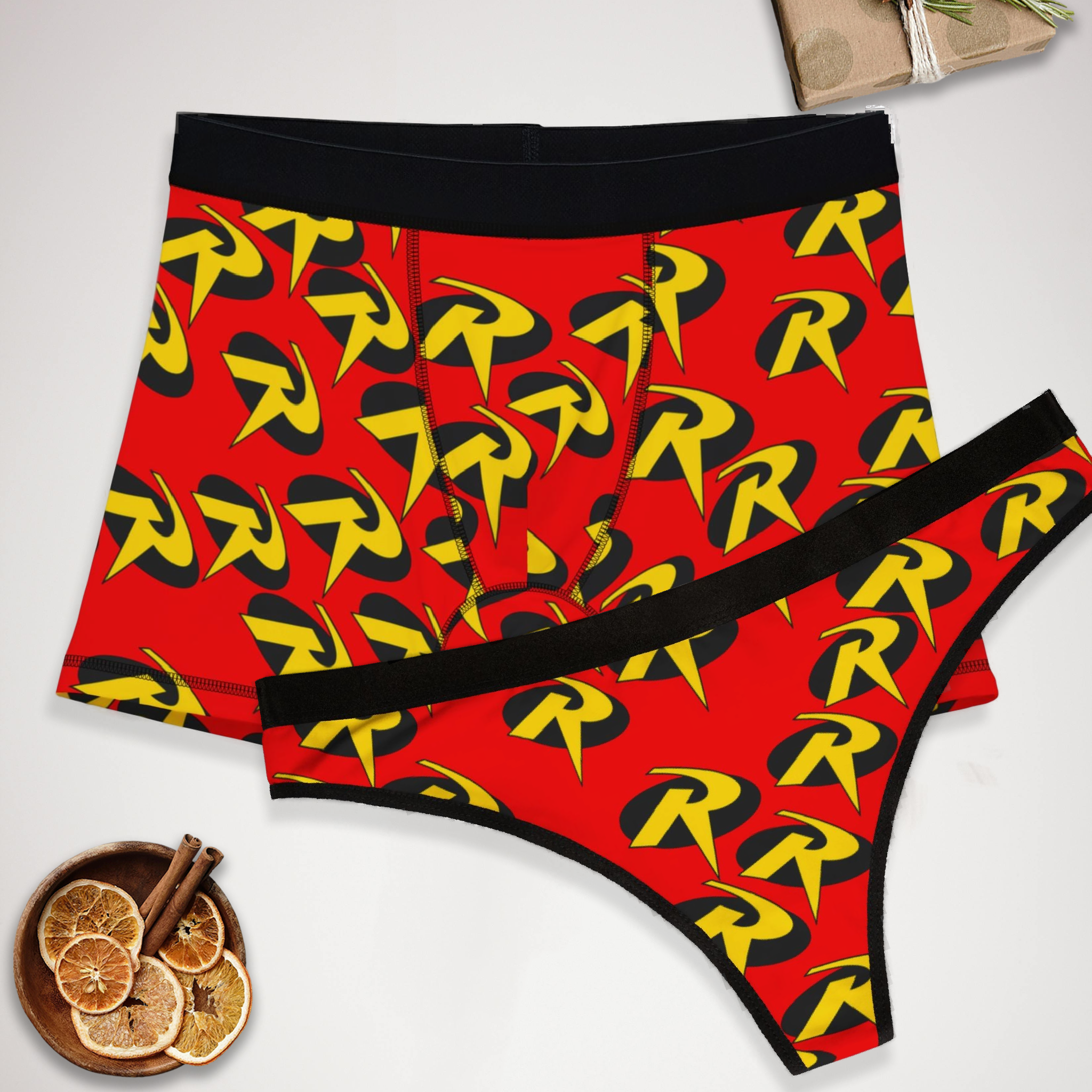 Matching underwear robin symbol for couples boxer & thong set