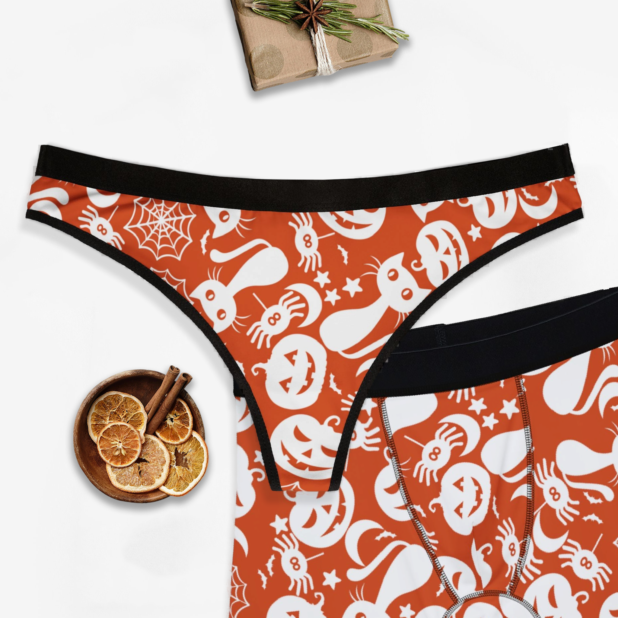 Couples matching  halloween pumpkin spider web orange character underwear set boxer and thong