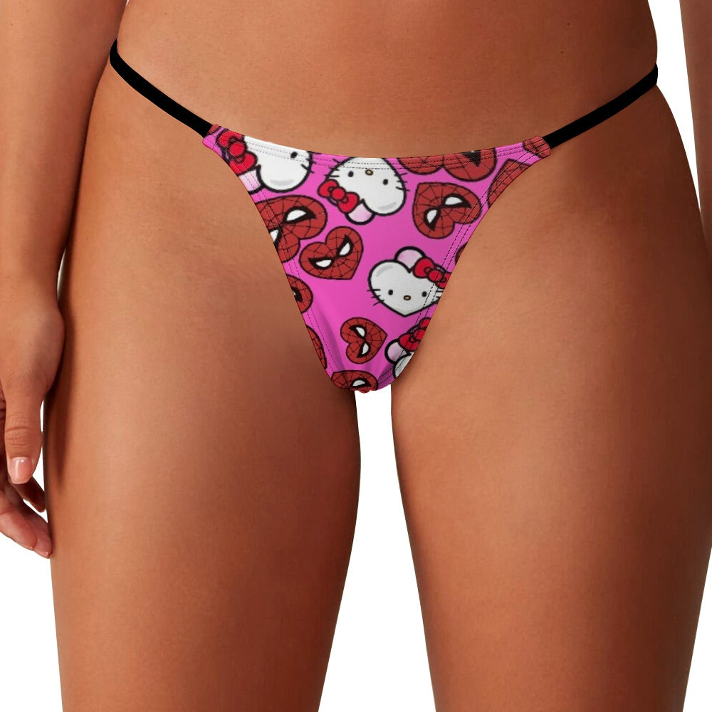 Ladies Sexy Thin Thong spider kitty double hearts pink