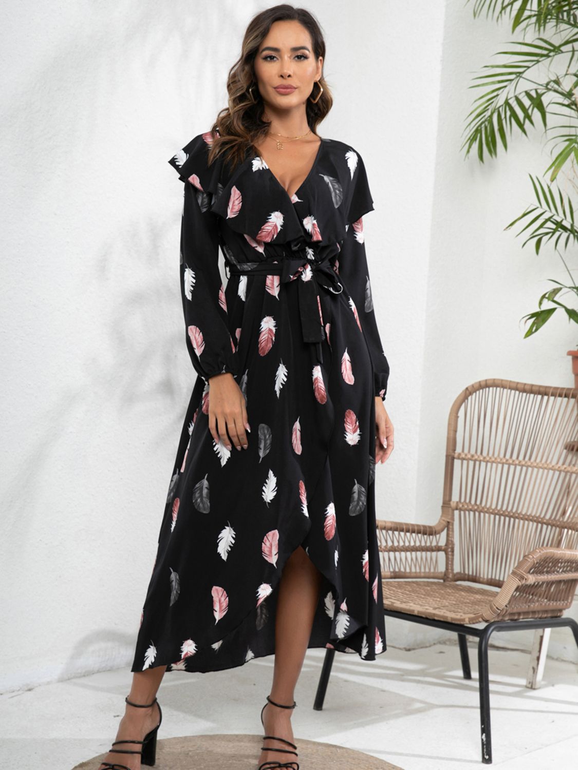 Long Sleeve Ruffle Trim Dress for Women Over 50 - Ideal Summer Beach Wedding Guest Party Outfit, Printed Tie Front